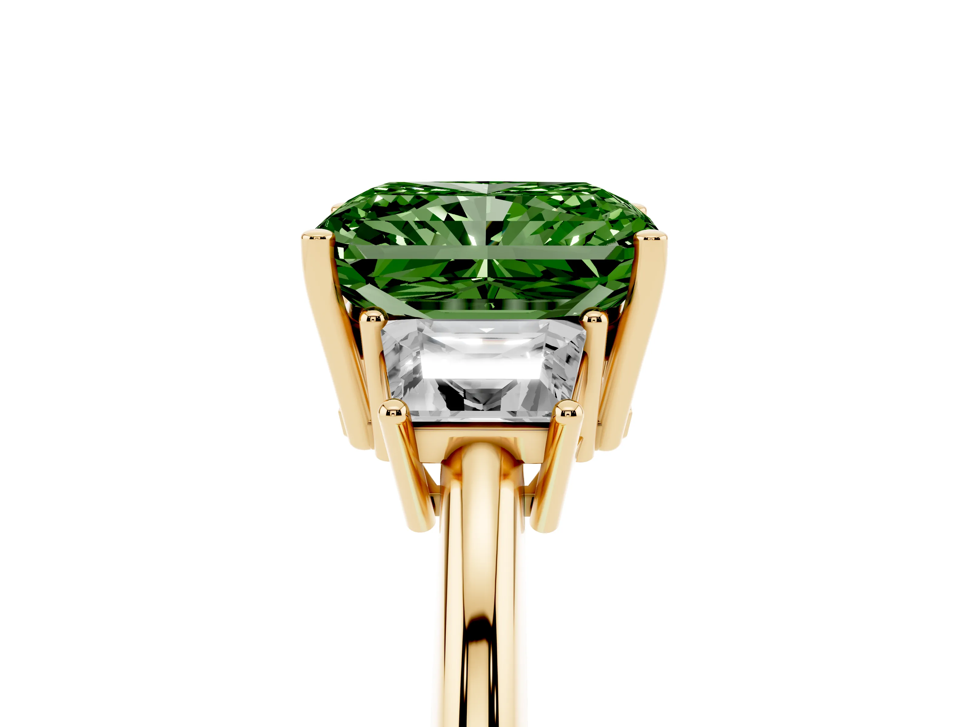 Fancy Green Radiant Cut Diamond Three-Stone Ring Set in Yellow gold with Trapezoid Side Stones and Prong Setting