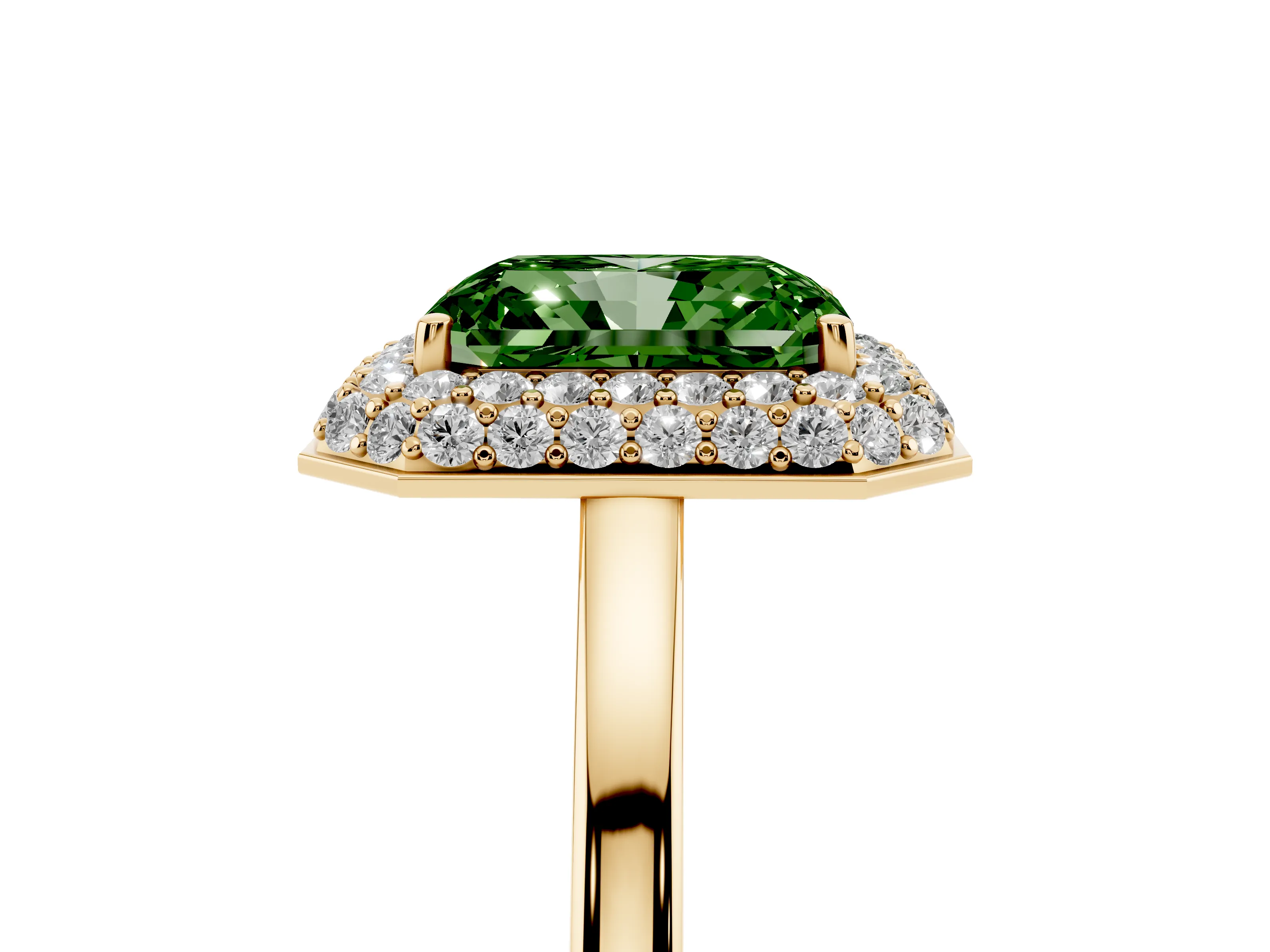 Fancy Green Radiant Cut Diamond Halo Engagement Ring Set in Yellow gold with Solitaire Band and Prong Setting