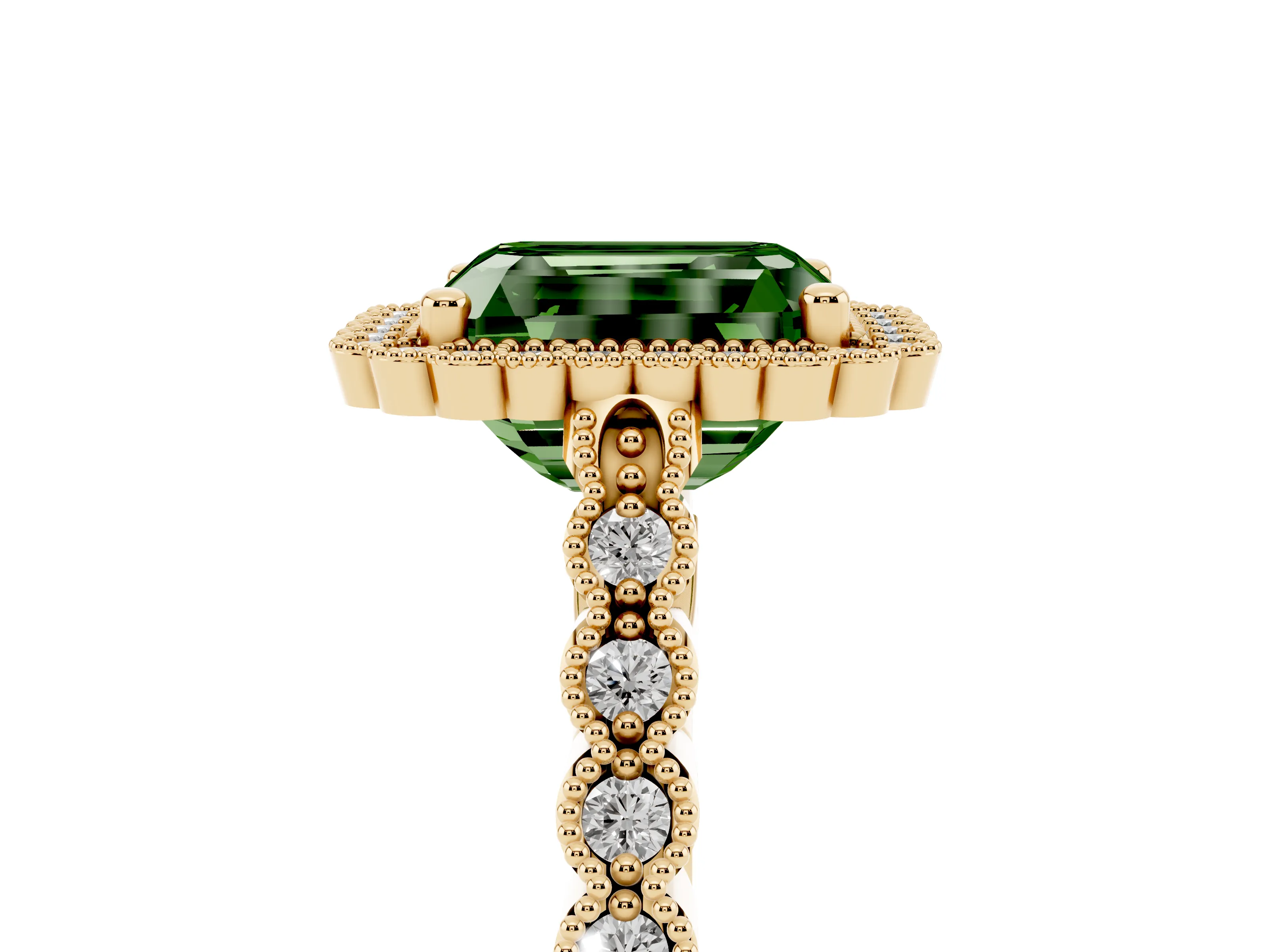 Fancy Green Radiant Cut Diamond Halo Ring Set in Yellow gold with Pavé Milgrain Band