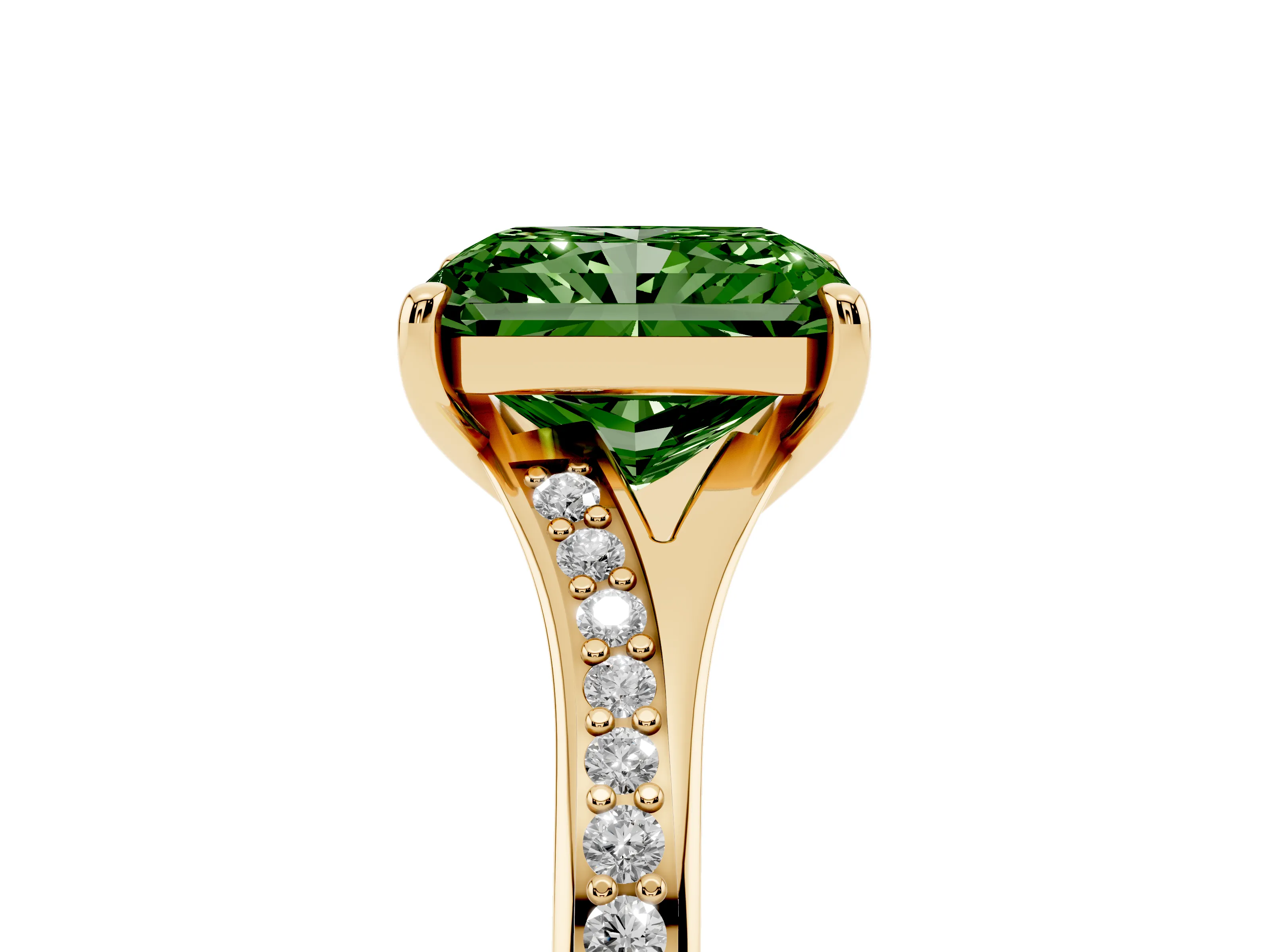 Fancy Green Radiant Cut Diamond Solitaire Ring Set in Yellow gold with Pavé Accent Band and Classic Prong Setting