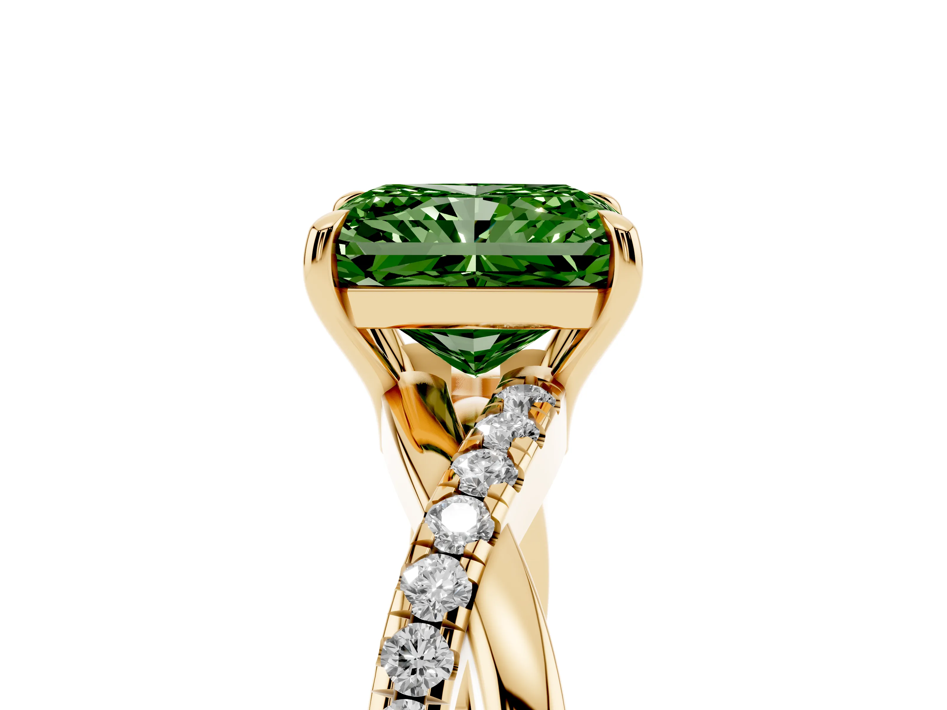 Fancy Green Radiant Cut Diamond Twisted Pavé Band Ring Set in Yellow gold with Prong Setting