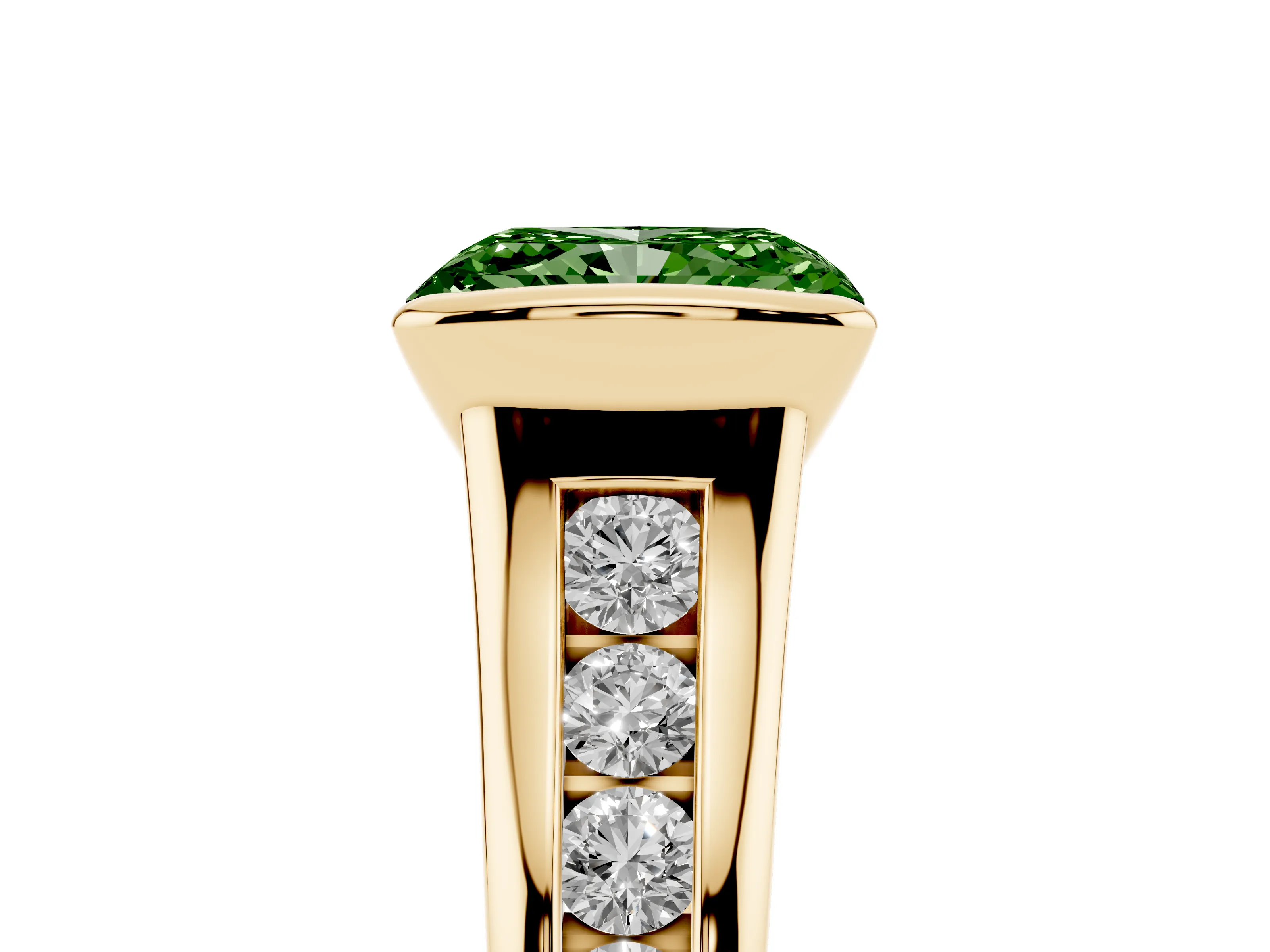 Fancy Green Radiant Cut Diamond Bezel-Set Solitaire Ring Set in Yellow gold with Channel-Set Band