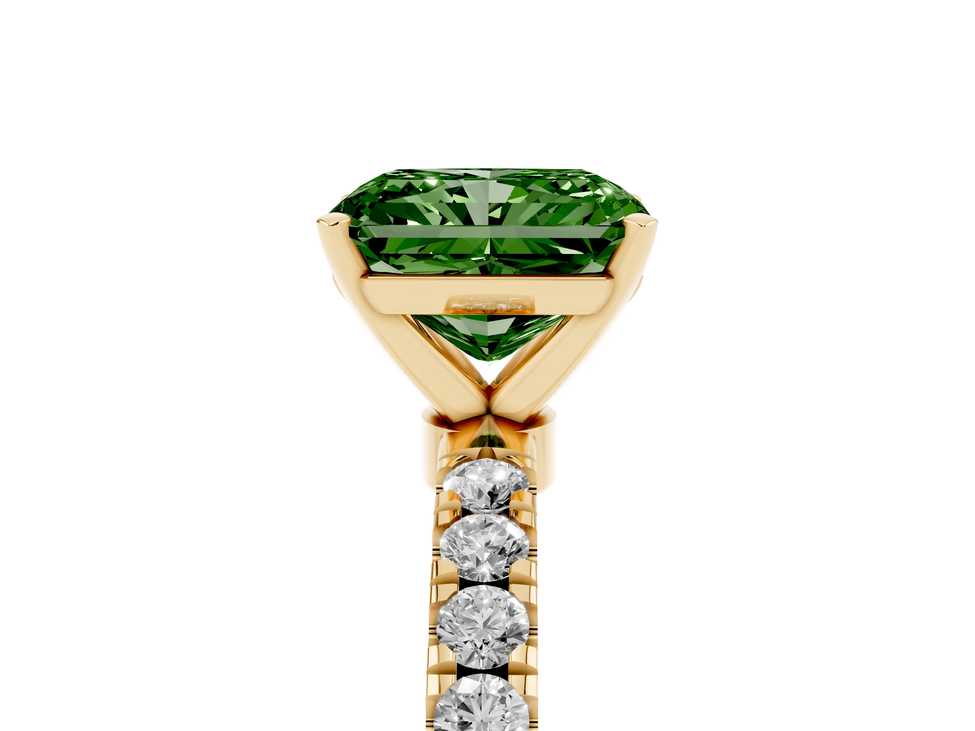 Fancy Green Radiant Cut Diamond Solitaire Ring Set in Yellow gold with Pavé Accents and Prong Setting