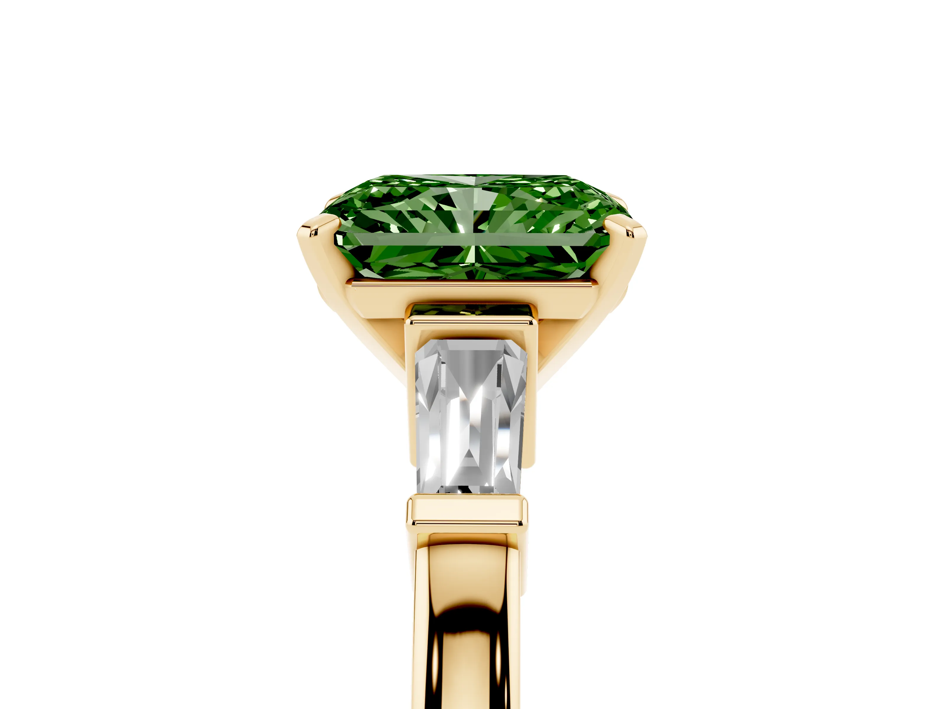 Fancy Green Radiant Cut Diamond Solitaire Ring Set in Yellow gold with Tapered Baguette Accents and Prong Setting