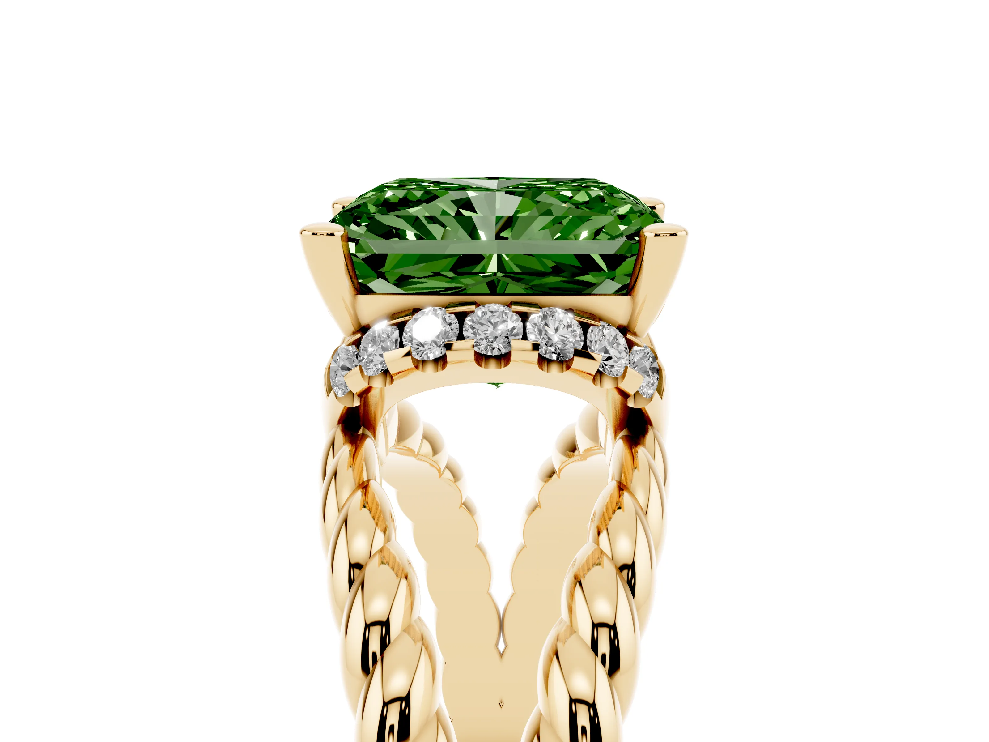 Fancy Green Radiant Cut Diamond Halo Ring Set in Yellow gold with Twisted Band and Prong Setting