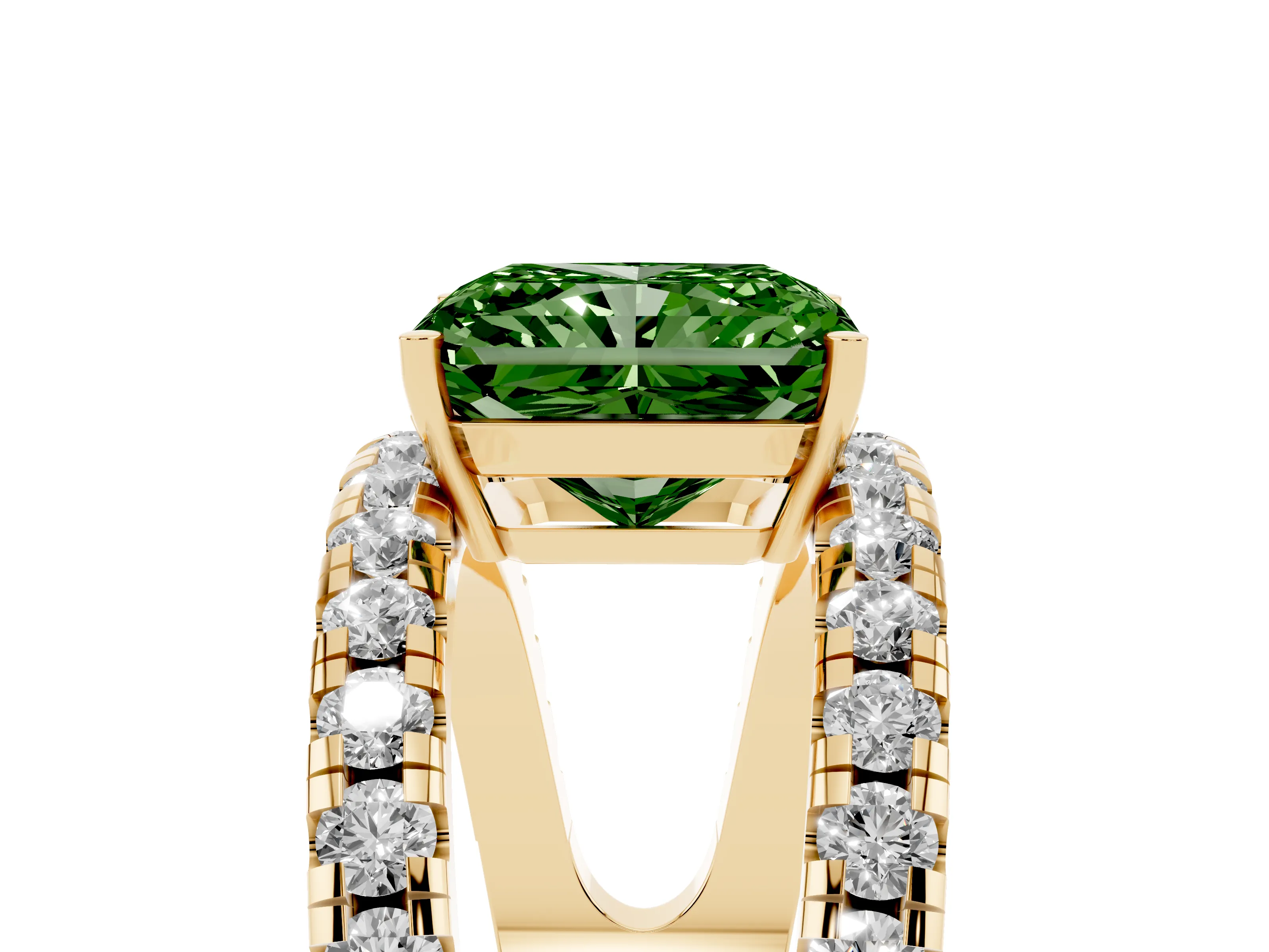 Fancy Green Radiant Cut Diamond Split Shank Pavé Solitaire Ring Set in Yellow gold with Open Shank Design