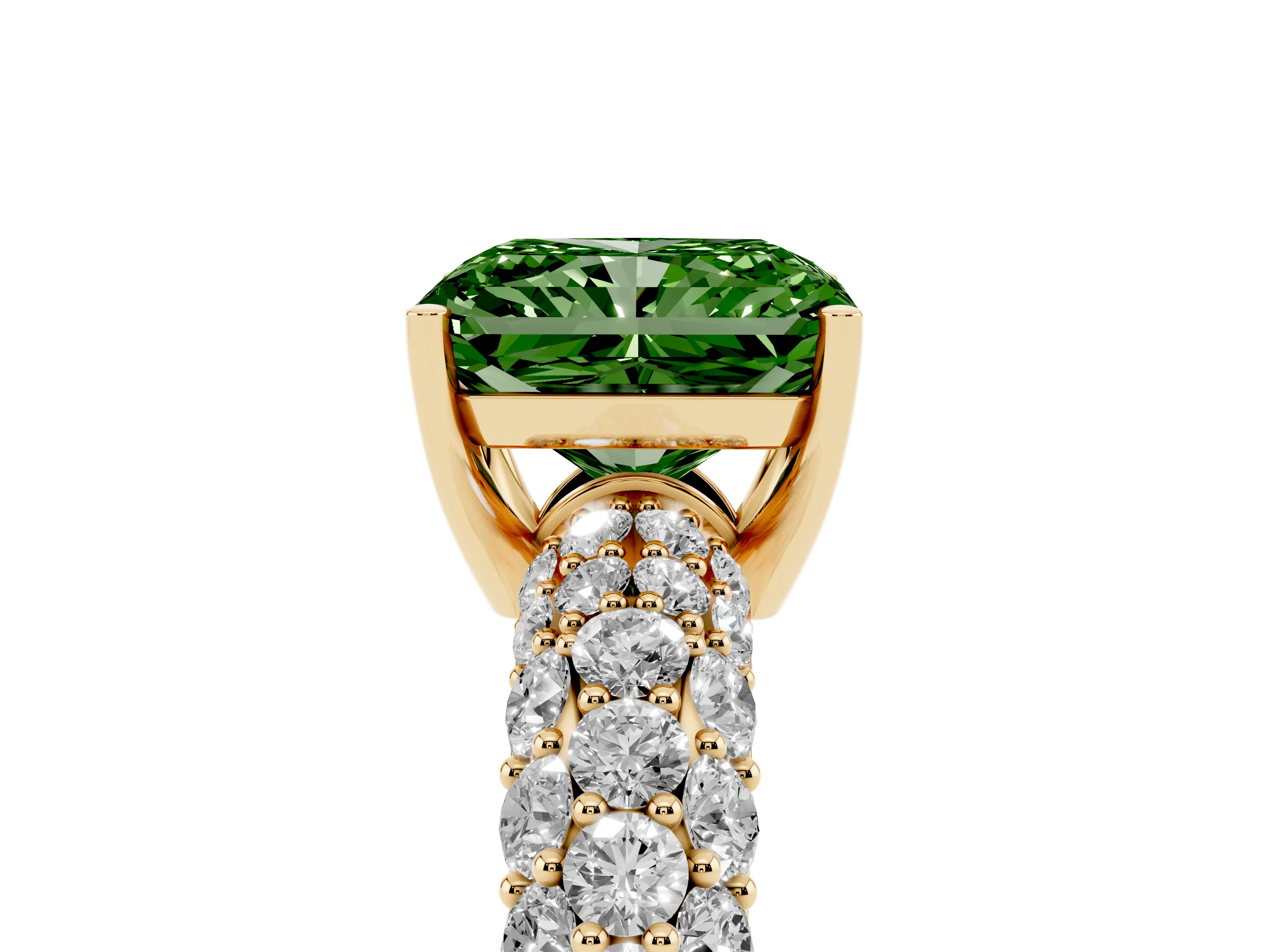 Fancy Green Radiant Cut Diamond Pavé Band Solitaire Ring Set in Yellow gold with Close-Set Accent Stones and Prong Setting