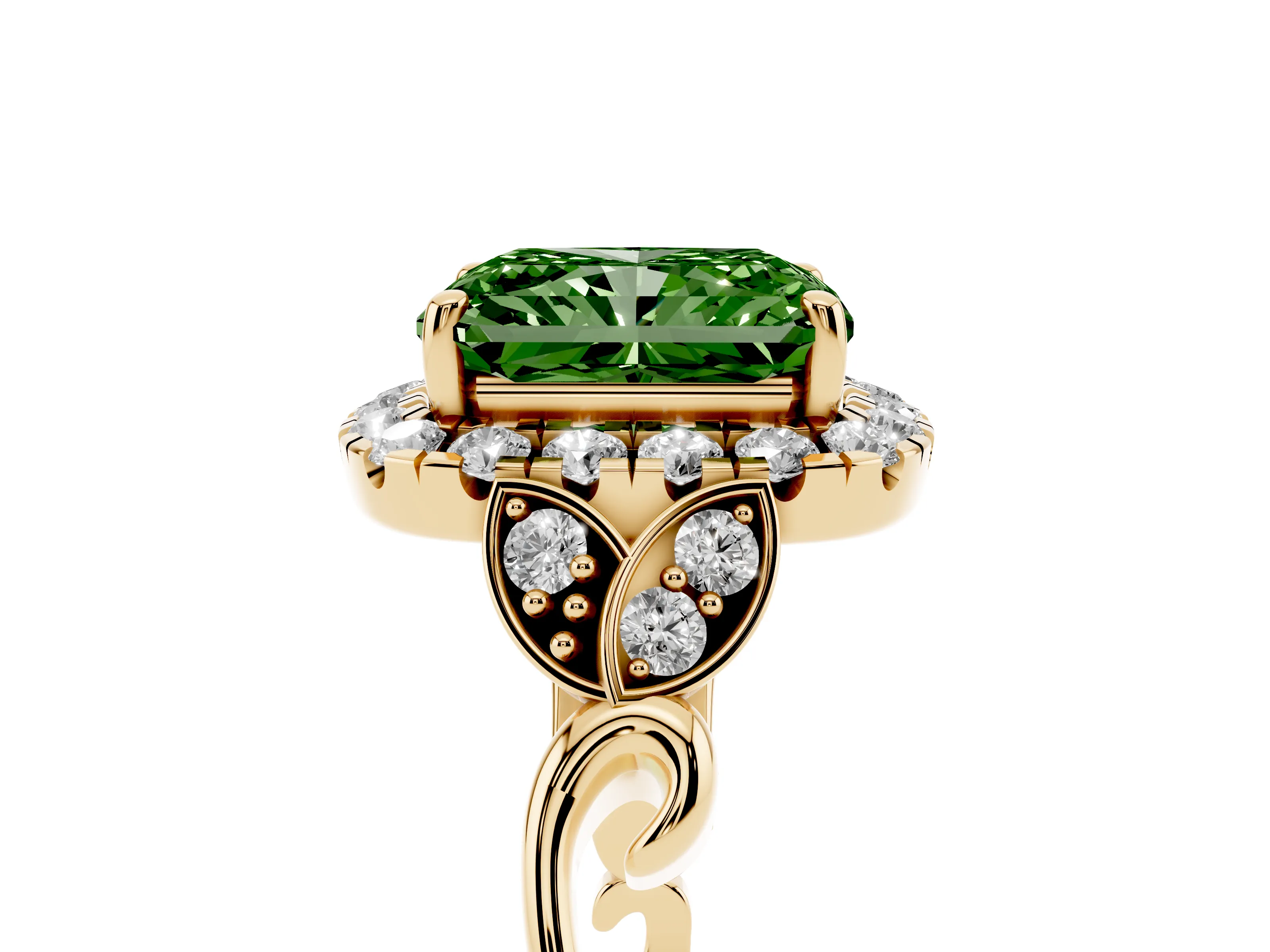 Fancy Green Radiant Cut Diamond Halo Engagement Ring Set in Yellow gold with Vintage-Inspired Band and Prong Setting