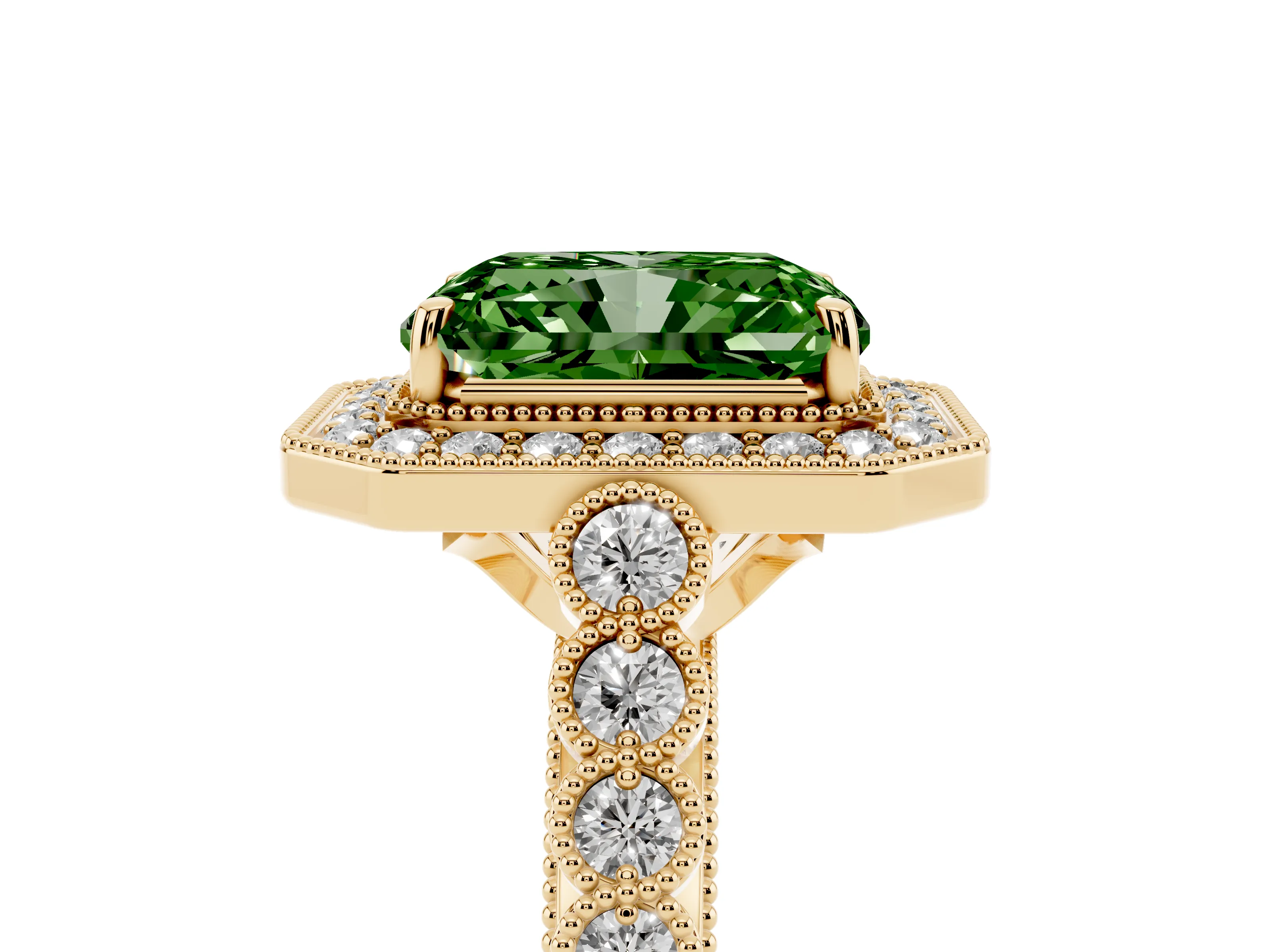 Fancy Green Radiant Cut Diamond Milgrain Halo Solitaire Ring Set in Yellow gold with Bezel Set Side Stones and Pavé Band