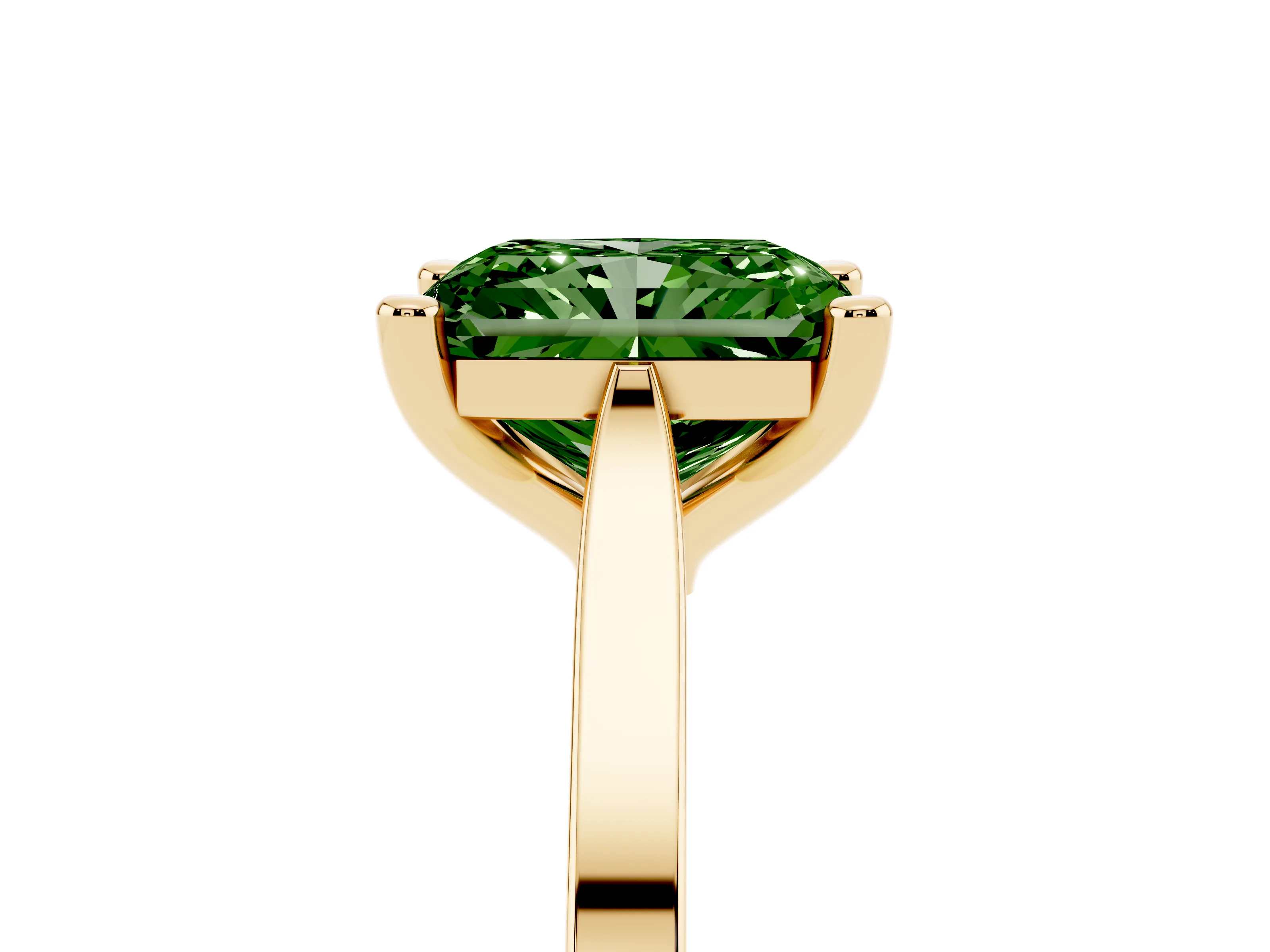 Fancy Green Radiant Cut Diamond Solitaire Ring Set in Yellow gold with Prong Setting and Tapered Band
