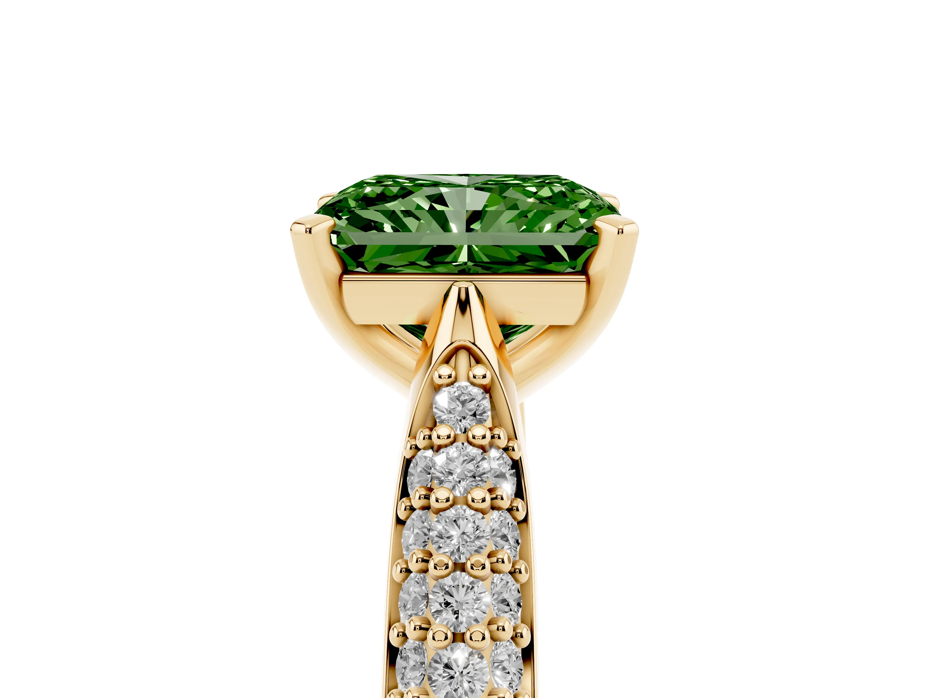 Fancy Green Radiant Cut Diamond Solitaire Engagement Ring Set in Yellow gold with Multi-Row Round Pavé Band and Prong Setting