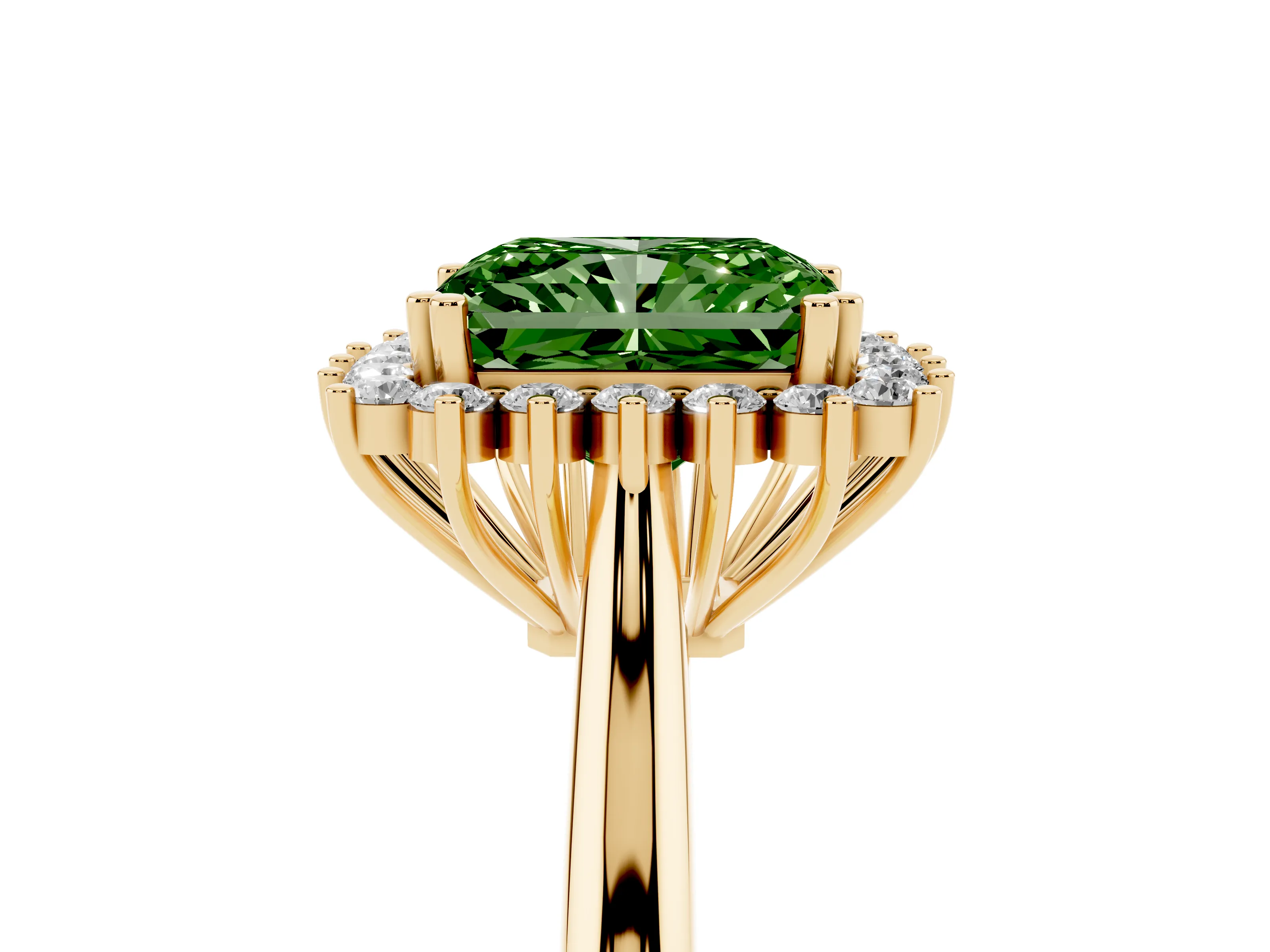 Fancy Green Radiant Cut Diamond Halo Ring Set in Yellow gold with Plain Solitaire Band and Prong Setting