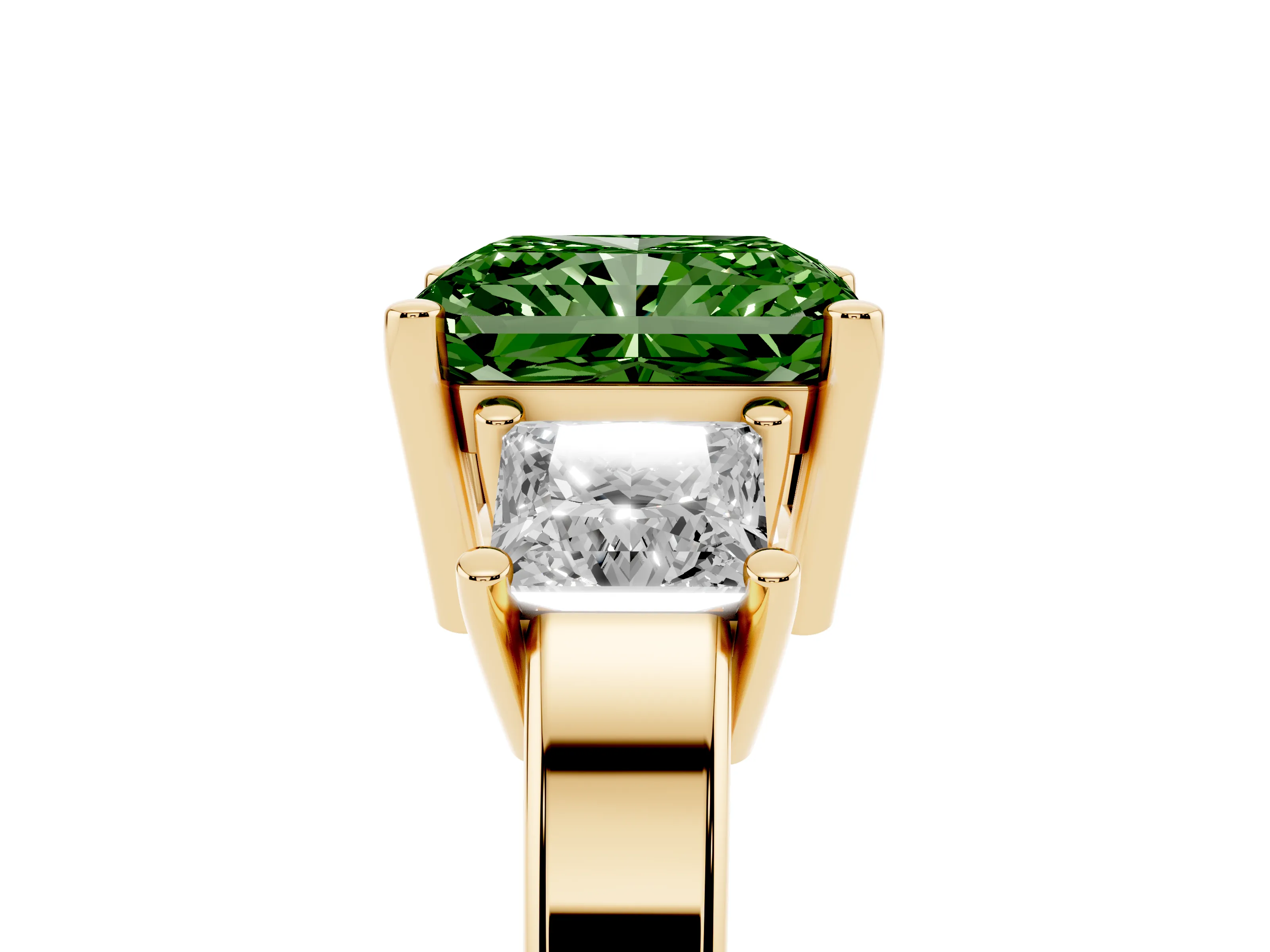 Fancy Green Three-Stone Radiant Cut Diamond Solitaire Ring Set in Yellow gold with Prong Setting