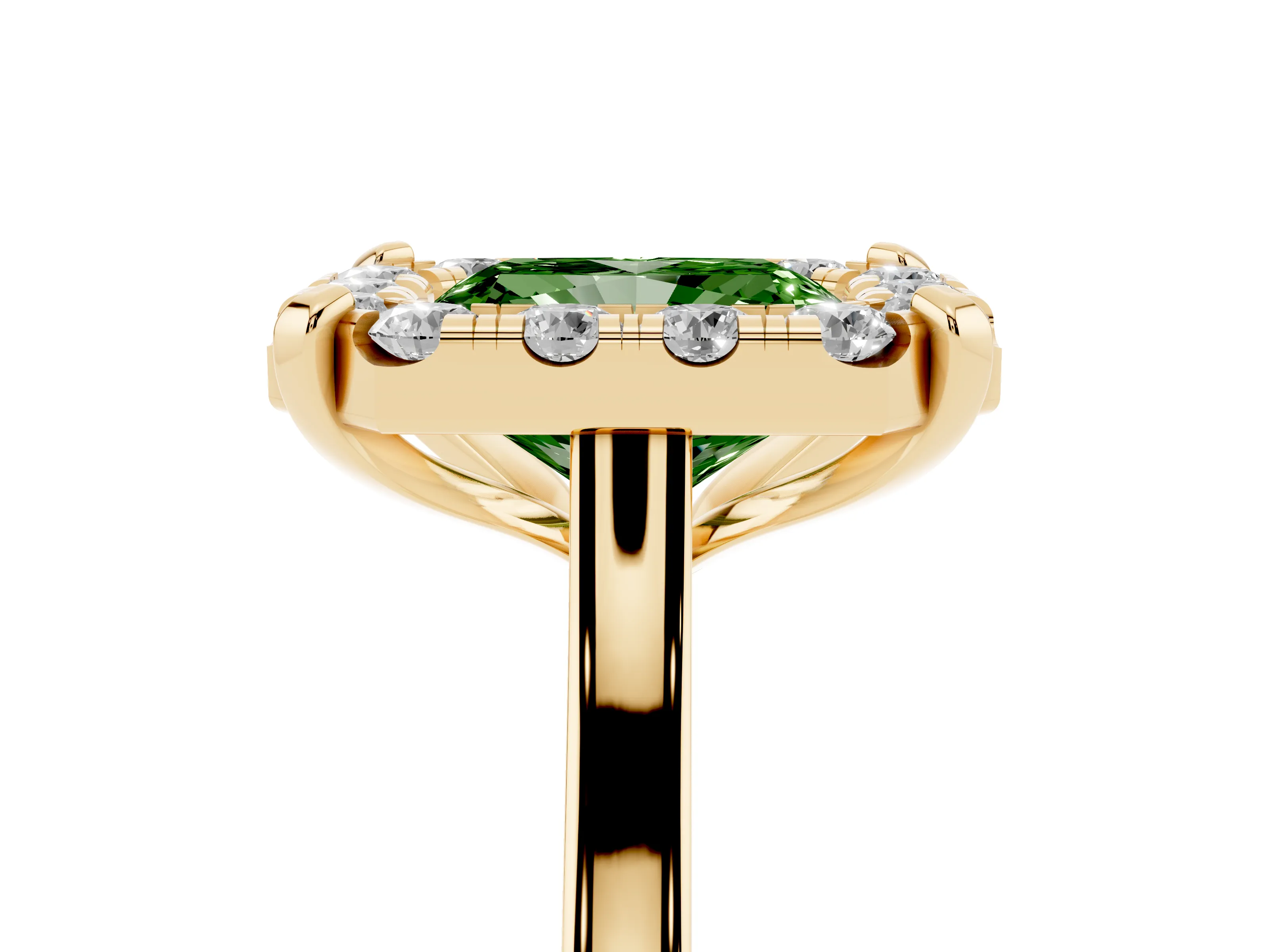 Fancy Green Radiant Cut Diamond Cluster Halo Solitaire Ring Set in Yellow gold with Prong Setting