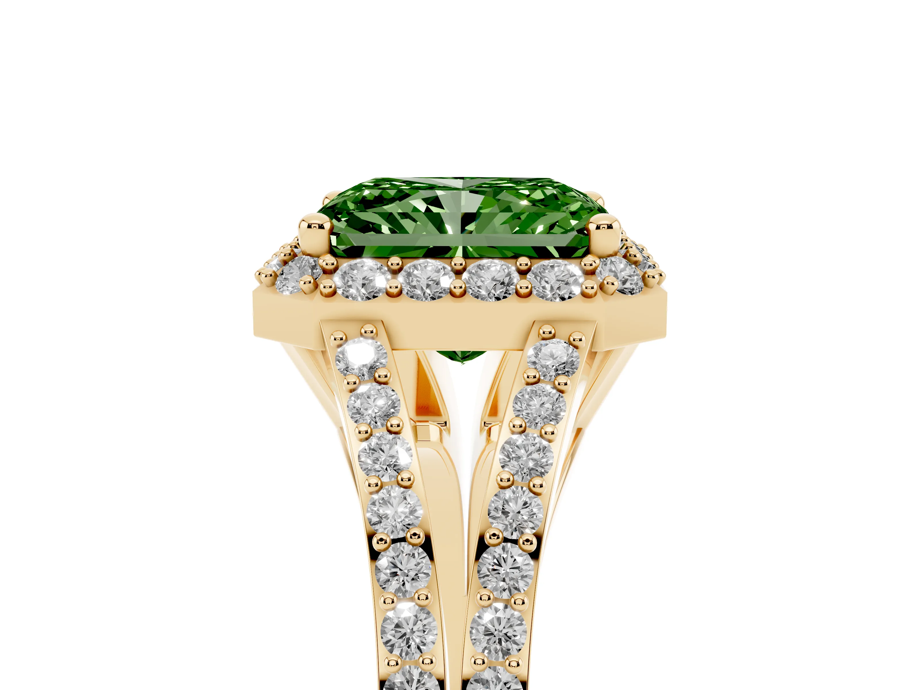 Fancy Green Radiant Cut Diamond Halo Split Shank Pavé Ring Set in Yellow gold with Prong Setting