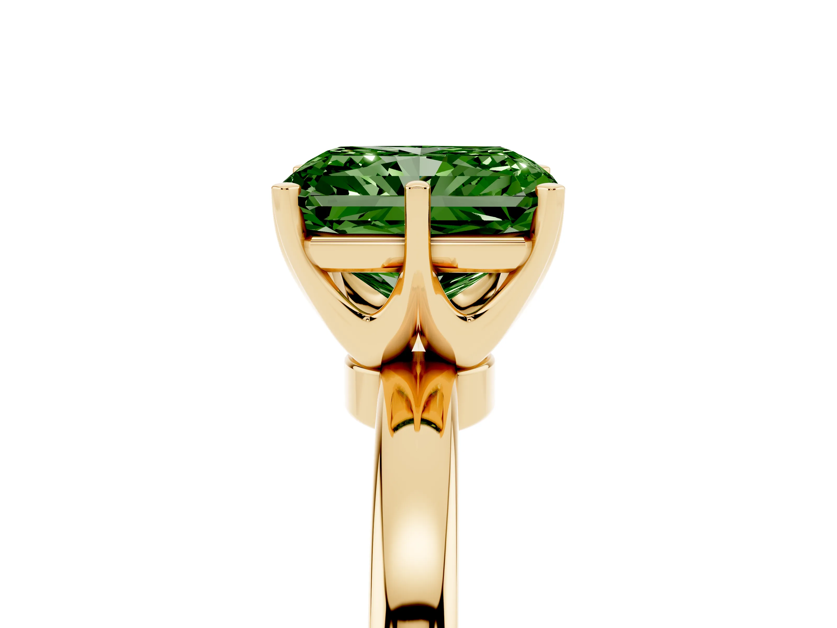 Fancy Green Radiant Cut Diamond Solitaire Ring Set in Yellow gold with Raised Prong Setting on a Classic Band