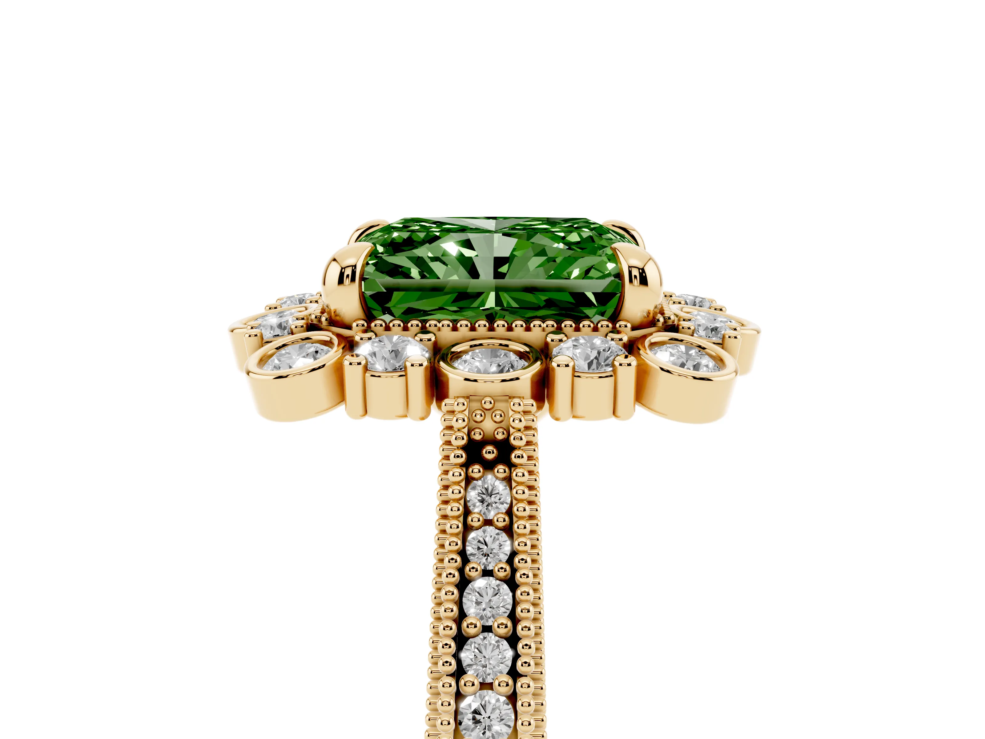 Fancy Green Radiant Cut Diamond Halo Milgrain Pavé Ring Set in Yellow gold with Prong Setting