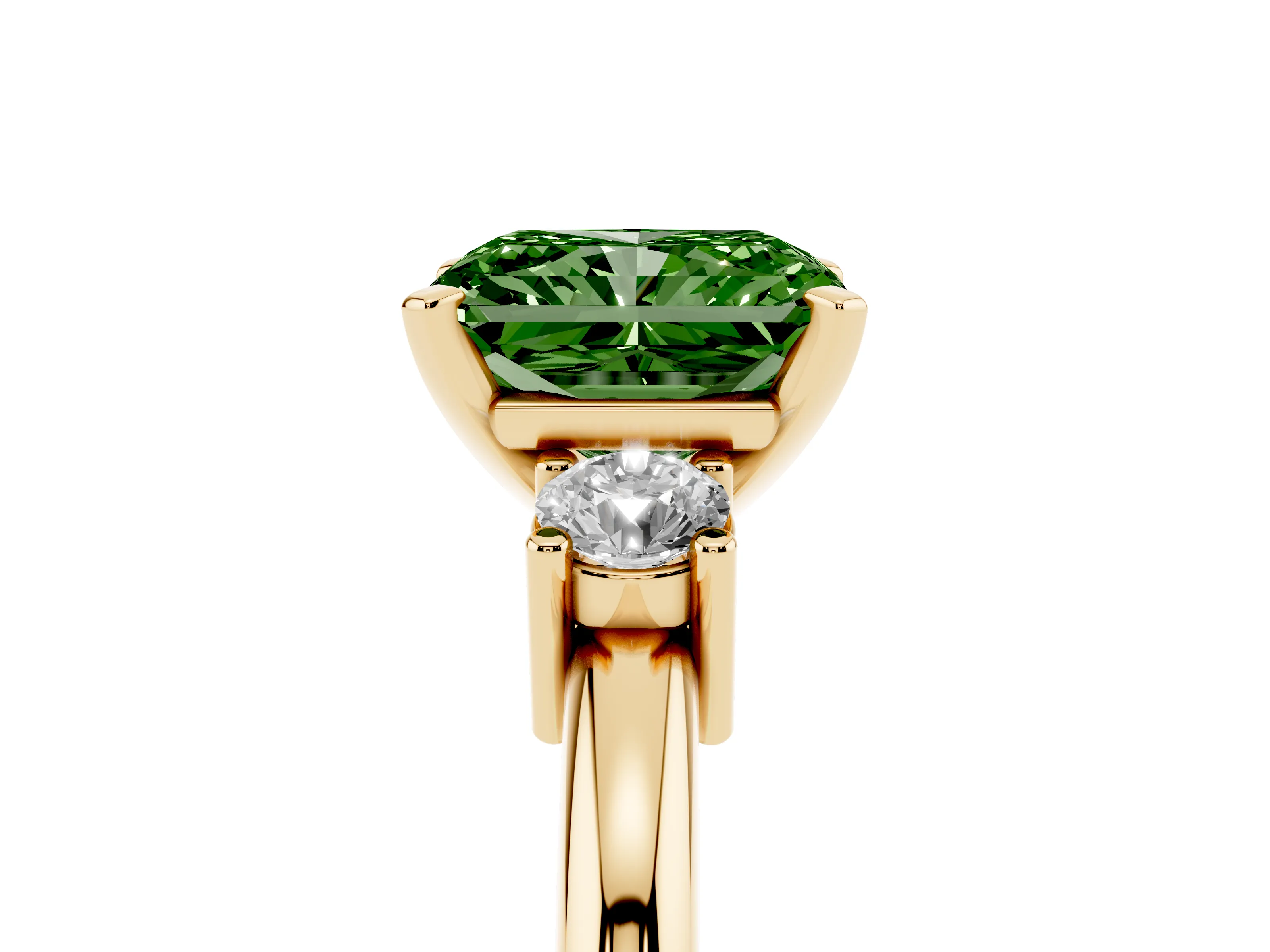 Fancy Green Three-Stone Radiant Cut Diamond Ring Set in Yellow gold with Prong Setting and Plain Band