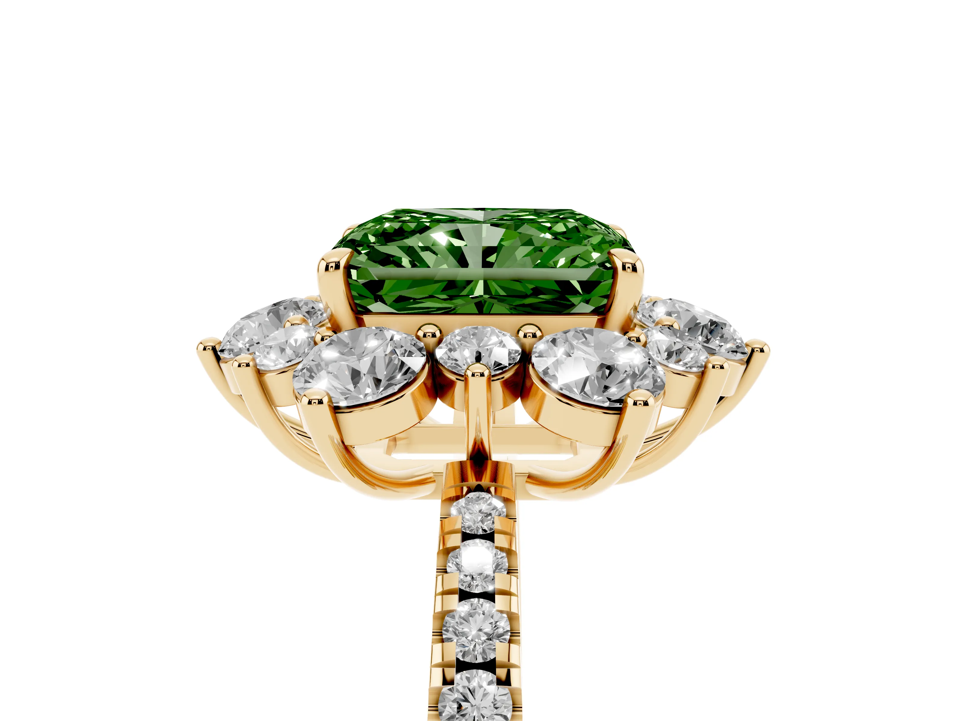 Fancy Green Radiant Cut Diamond Floral Halo Ring Set in Yellow gold with Round Pavé Band and Prong Setting
