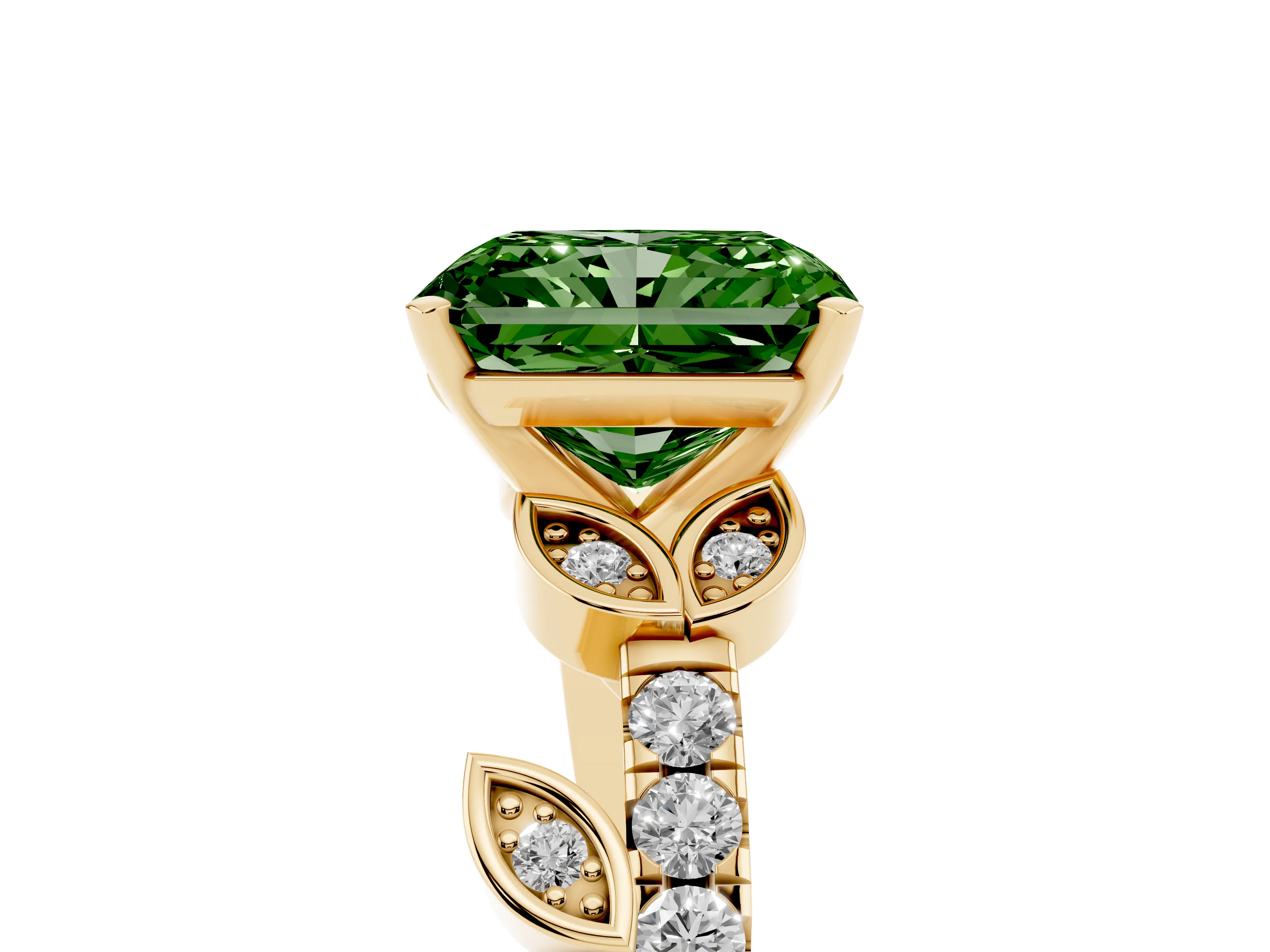 Fancy Green Radiant Cut Diamond Solitaire Leaf-Inspired Ring Set in Yellow gold with Pavé Band and Prong Setting