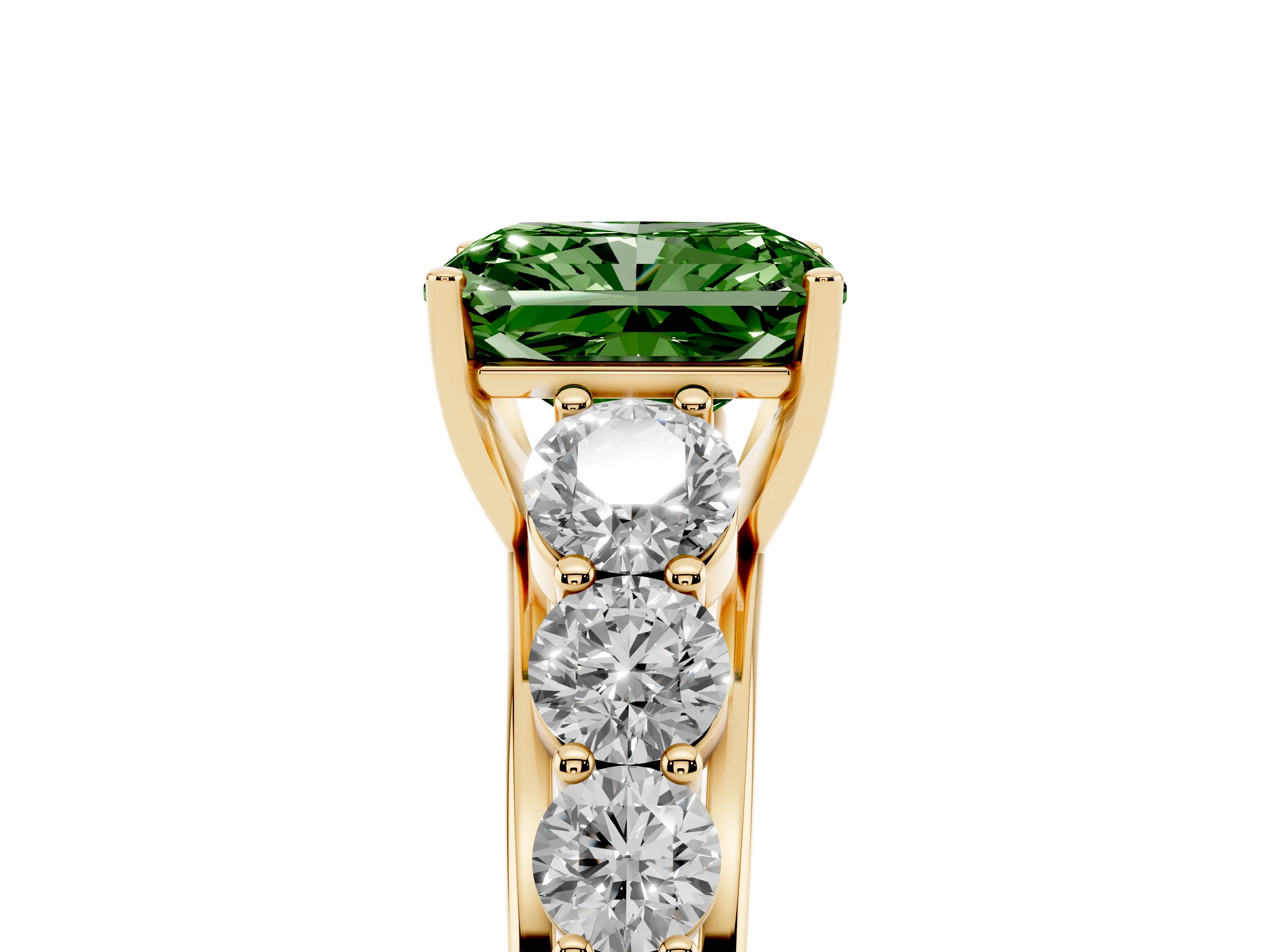 Fancy Green Radiant Cut Diamond Solitaire Ring Set in Yellow gold with Pavé-Set Band and Prong Setting