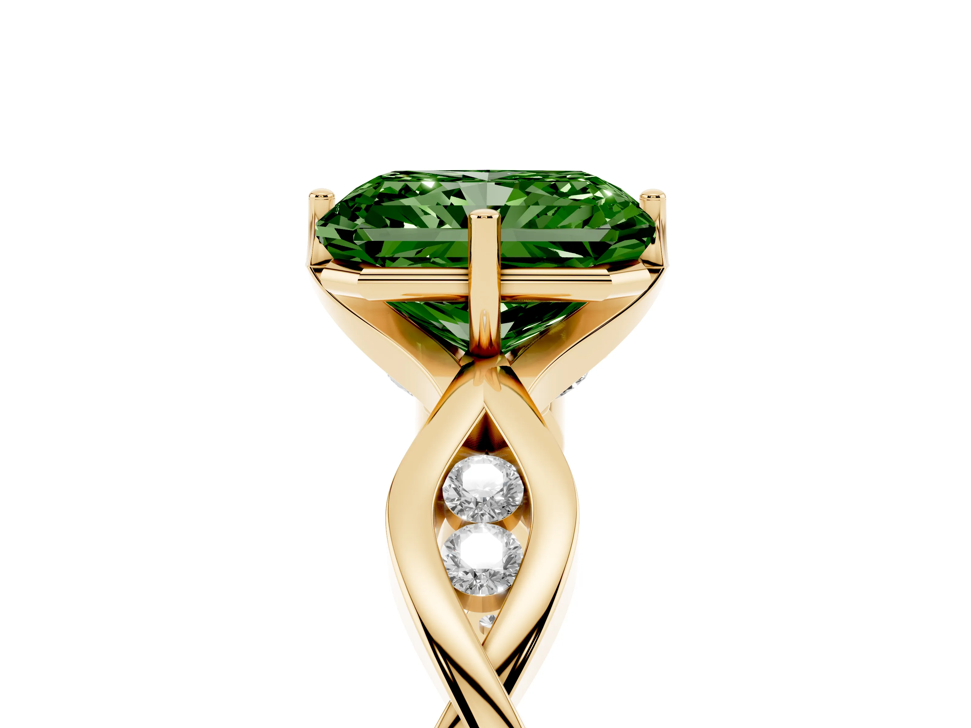 Fancy Green Radiant Cut Diamond Twist Band Solitaire Ring Set in Yellow gold with Leaf Prong Setting and Accent Stones