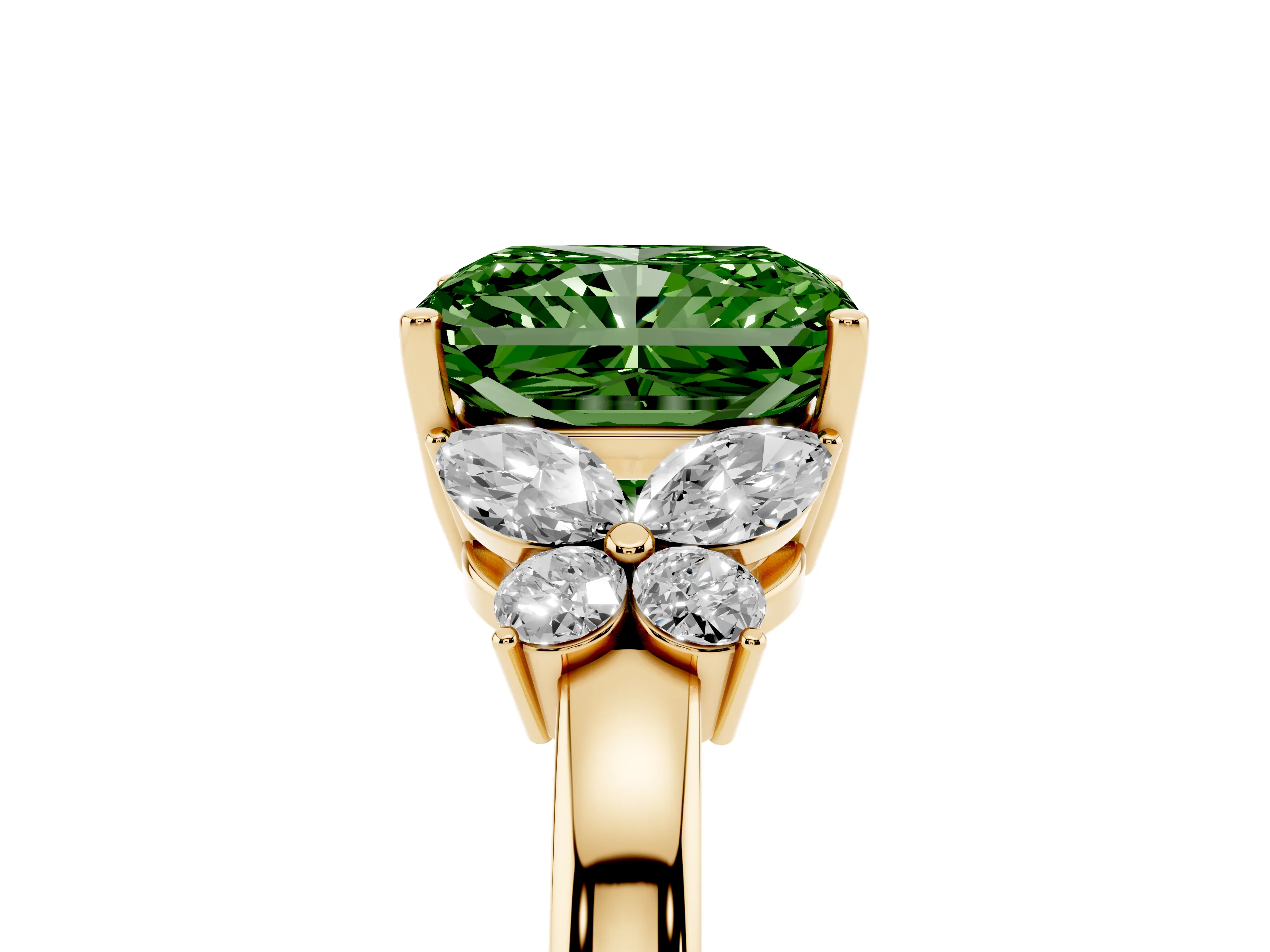 Fancy Green Radiant Cut Diamond Solitaire Floral Ring Set in Yellow gold with Marquise Petals and Prong Setting