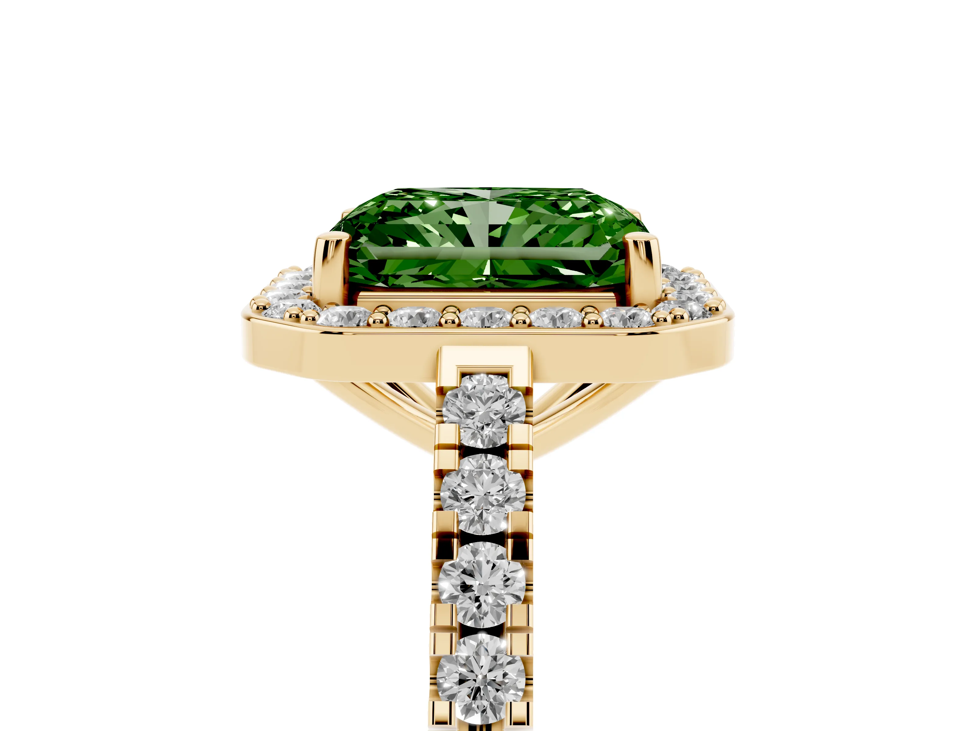 Fancy Green Radiant Cut Diamond Halo Ring Set in Yellow gold with Round Pavé Split Shank and Prong Setting