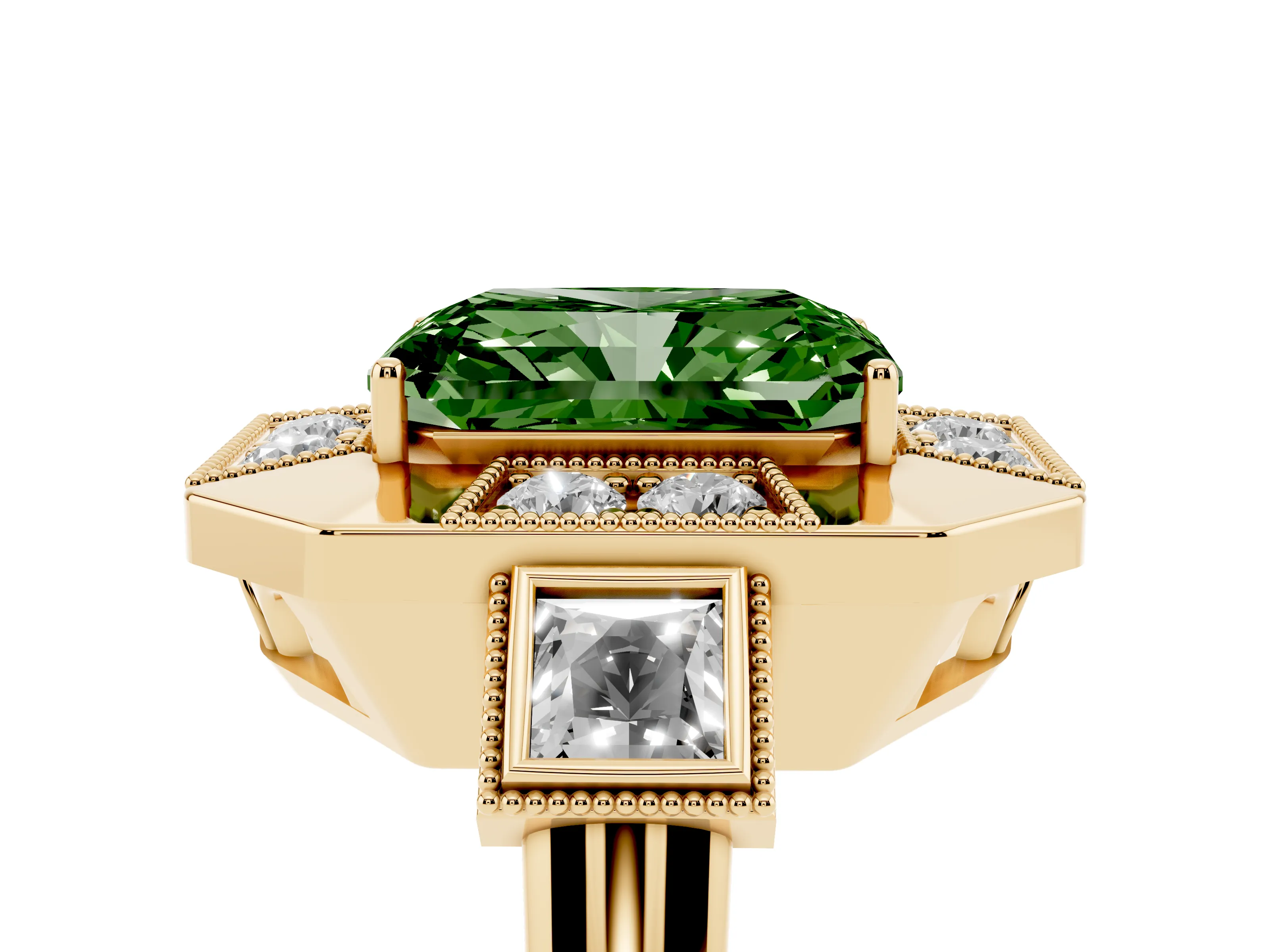 Fancy Green Radiant Cut Diamond Milgrain Halo Ring Set in Yellow gold with Split Shank