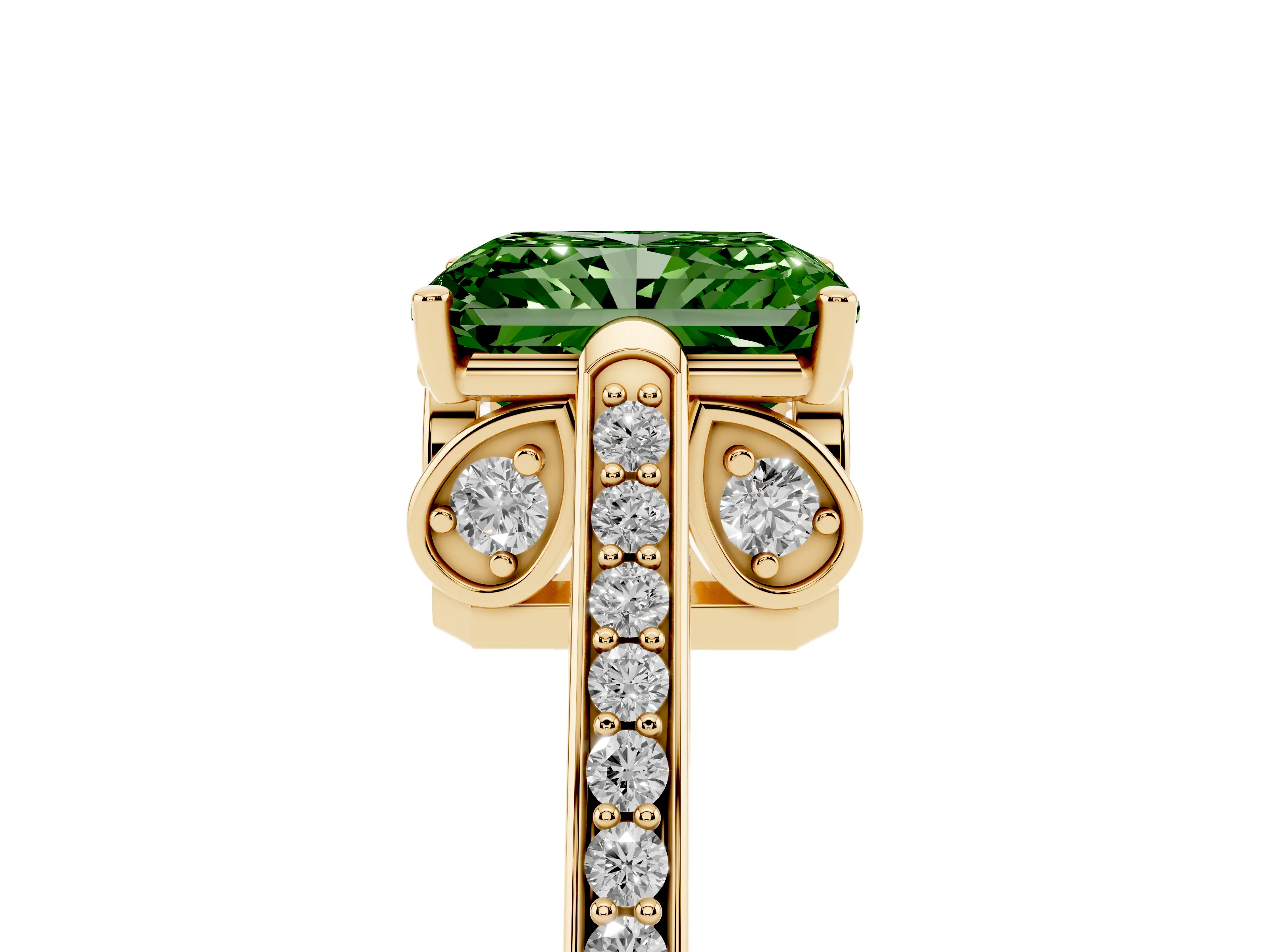 Fancy Green Radiant Cut Diamond Cathedral Pavé Engagement Ring Set in Yellow gold with Prong Setting
