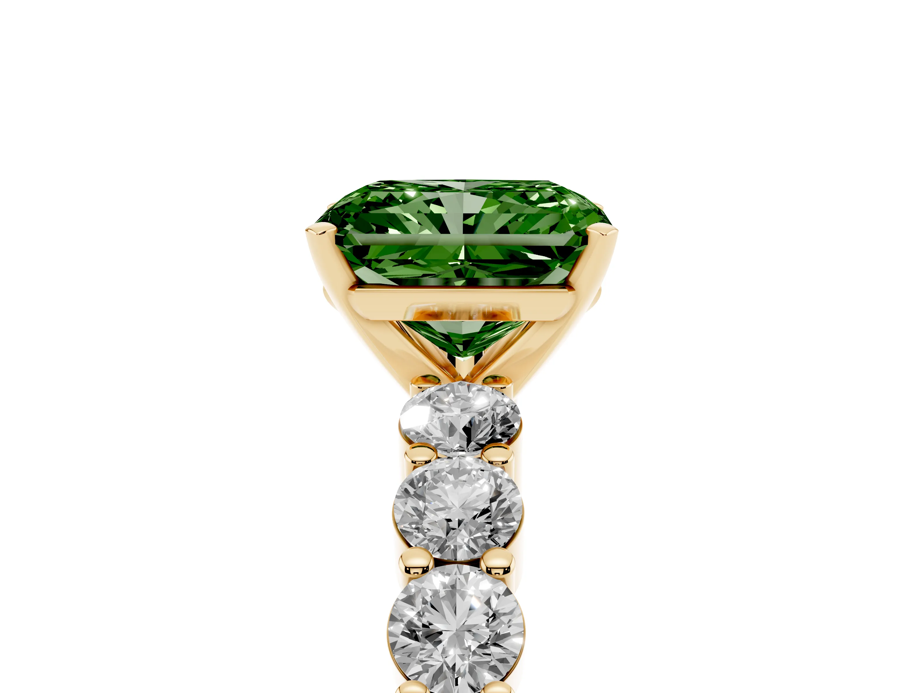 Fancy Green Radiant Cut Diamond Solitaire Ring Set in Yellow gold with Shared Prong Round Side Stones