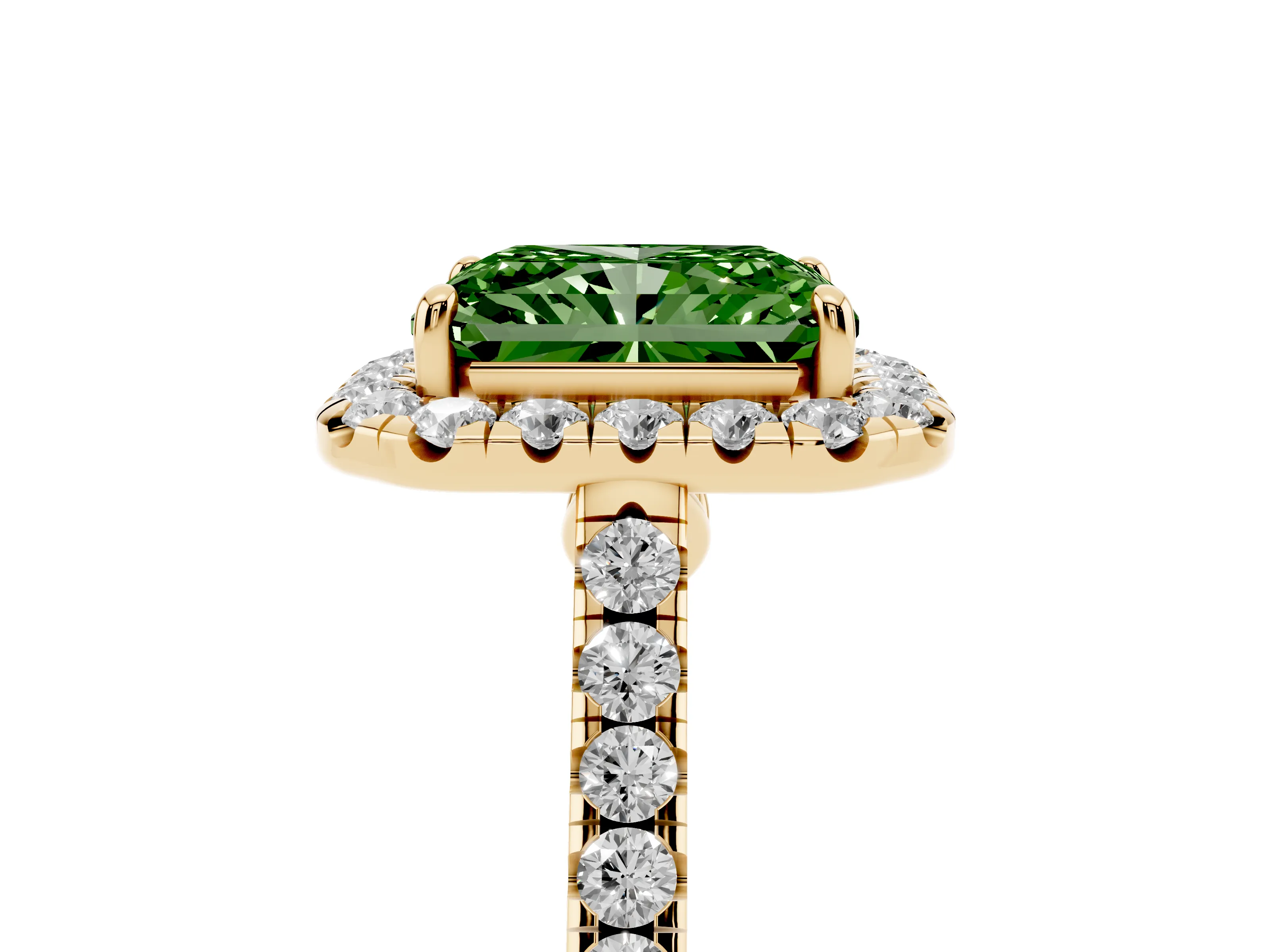 Fancy Green Radiant Cut Diamond Halo Pavé Engagement Ring Set in Yellow gold with Prong Setting