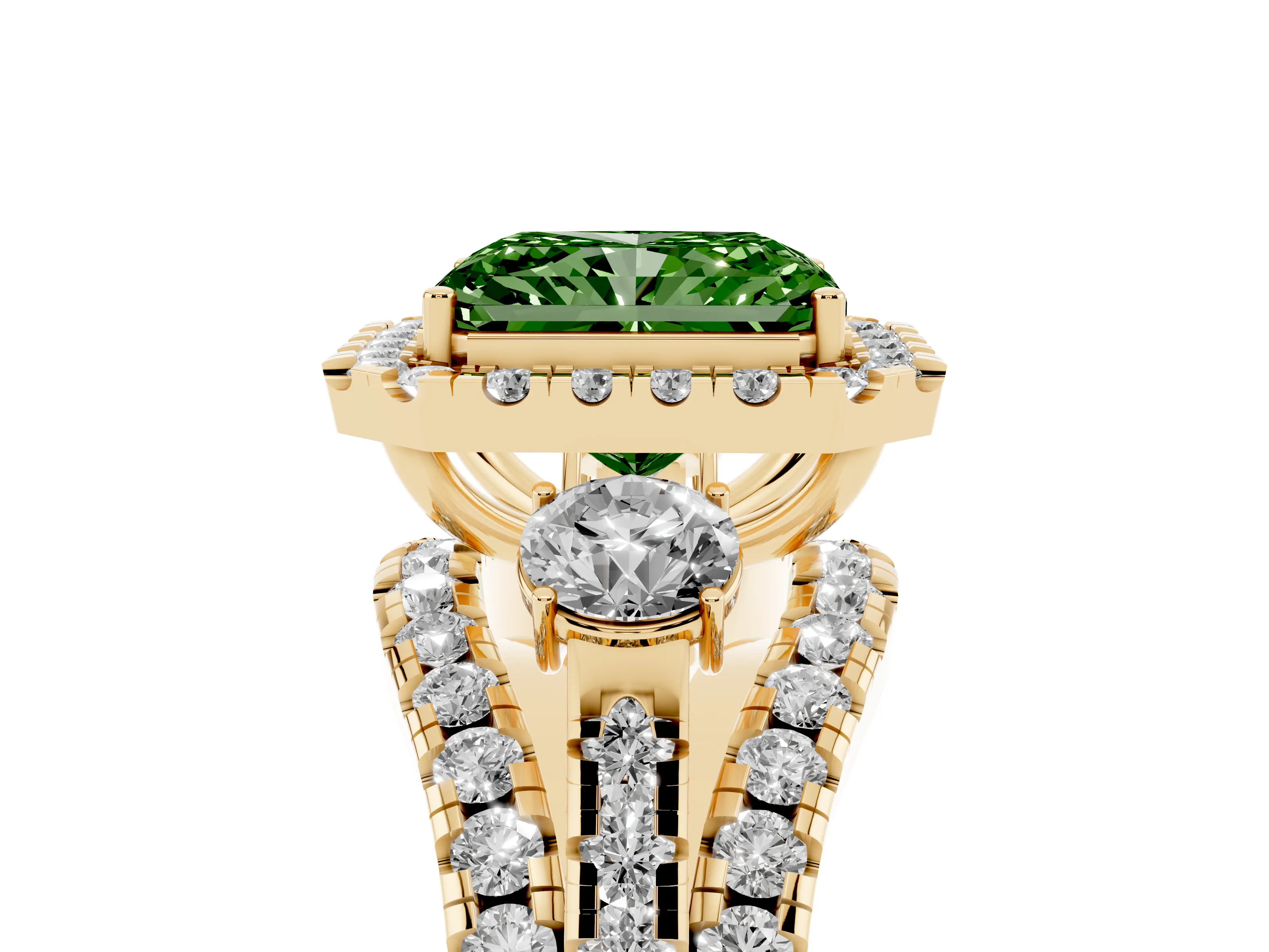 Fancy Green Radiant Cut Diamond Halo Split Shank Ring Set in Yellow gold with Round Accent Stones and Prong Setting