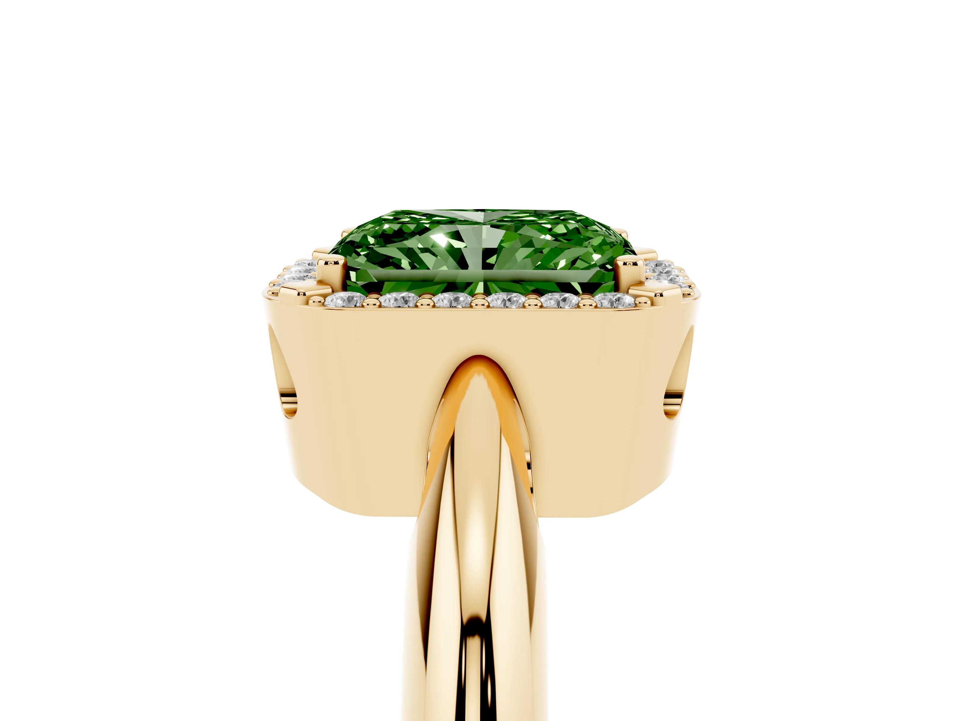 Fancy Green Radiant Cut Diamond Halo Engagement Ring Set in Yellow gold with Plain Split Shank and Prong Setting