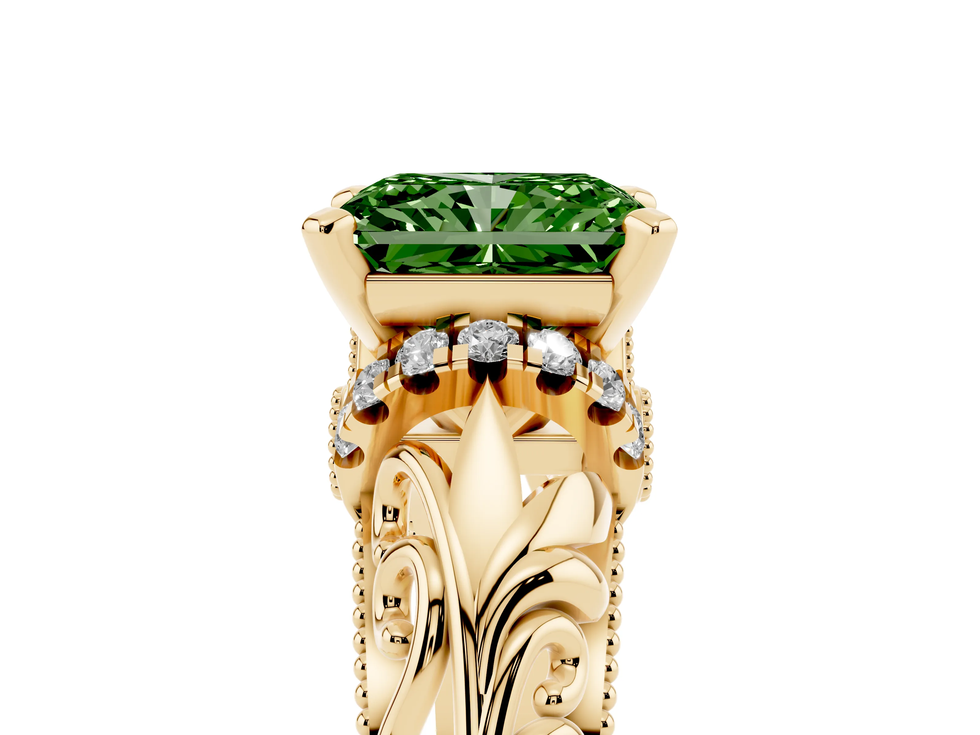 Fancy Green Radiant Cut Diamond Filigree Halo Engagement Ring Set in Yellow gold with Prong Setting