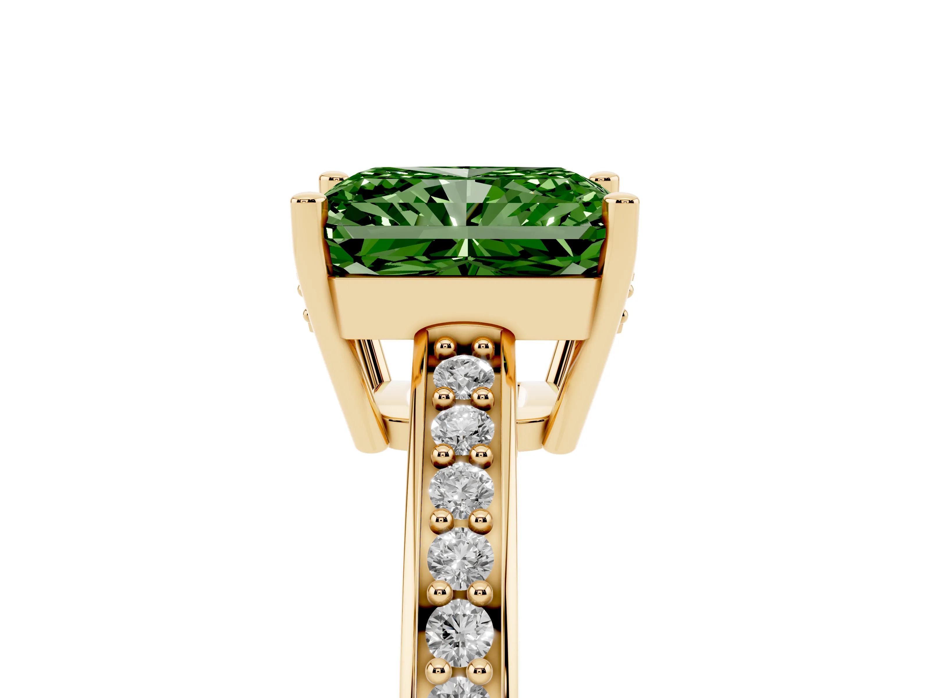 Fancy Green Radiant Cut Diamond Pavé Band Prong Set Solitaire Ring Set in Yellow gold