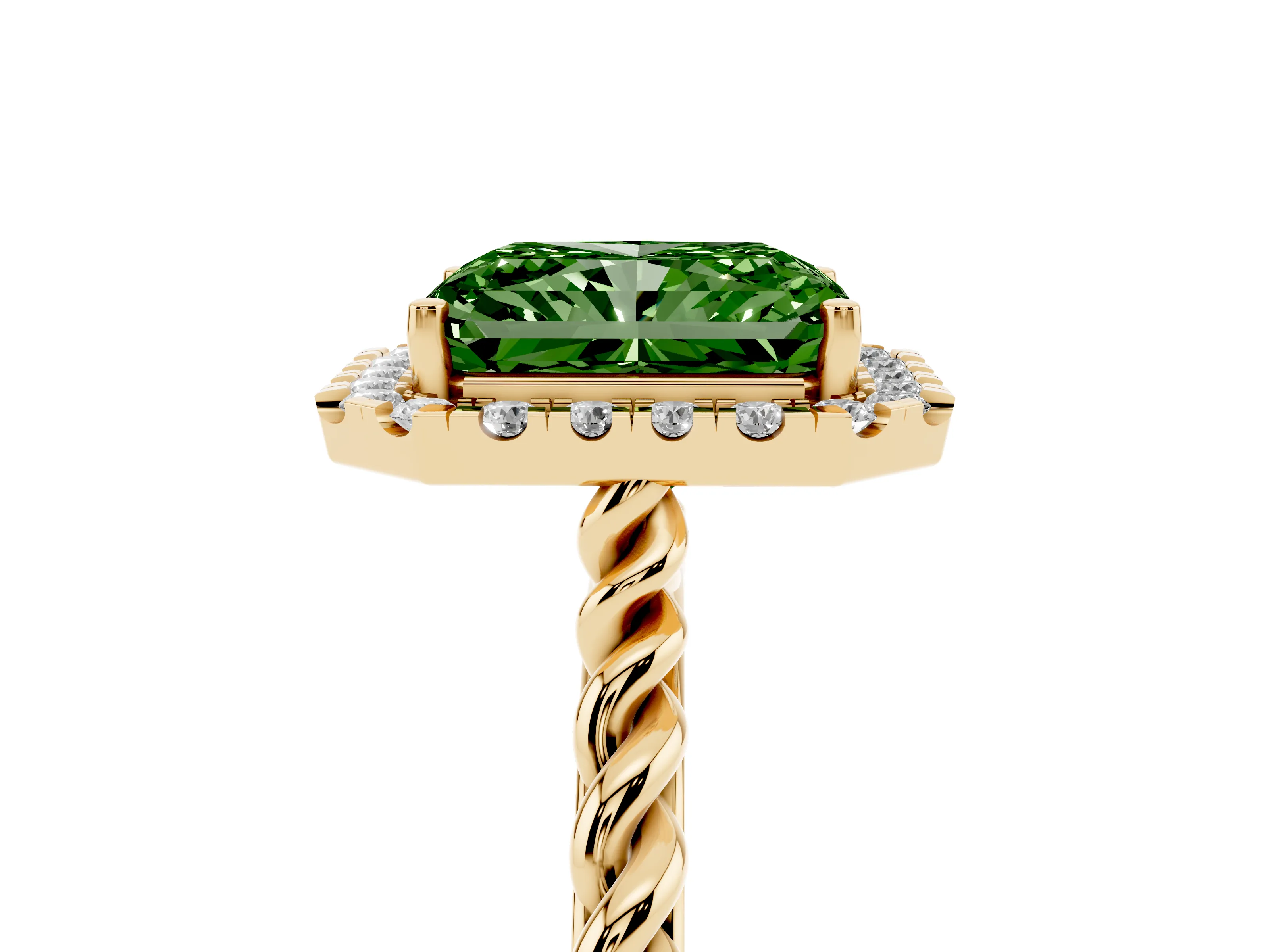 Fancy Green Radiant Cut Diamond Halo Ring Set in Yellow gold with Plain Twisted Band