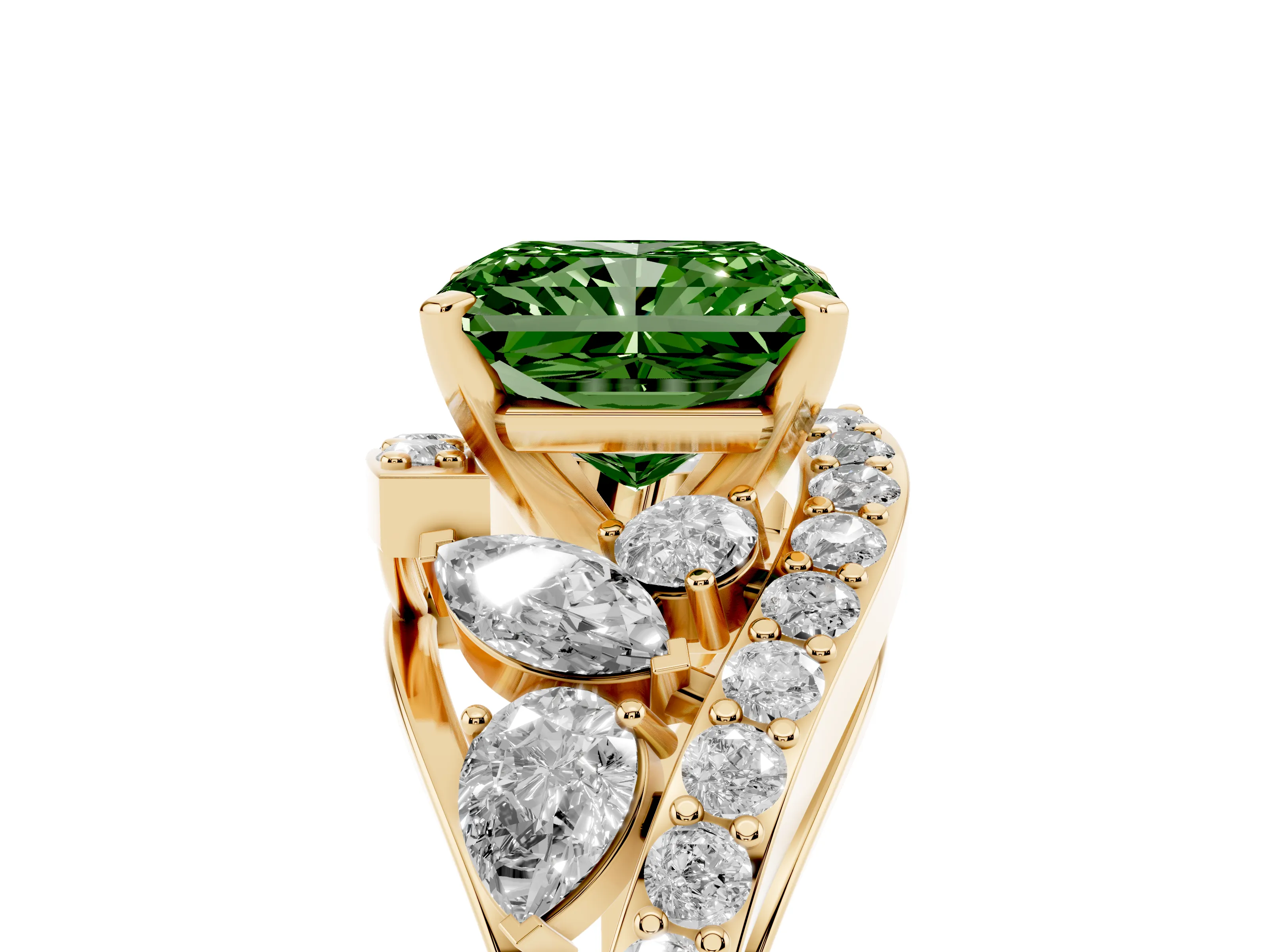 Fancy Green Radiant Cut Diamond Halo Ring Set in Yellow gold with Marquise and Pavé Band in Prong Setting
