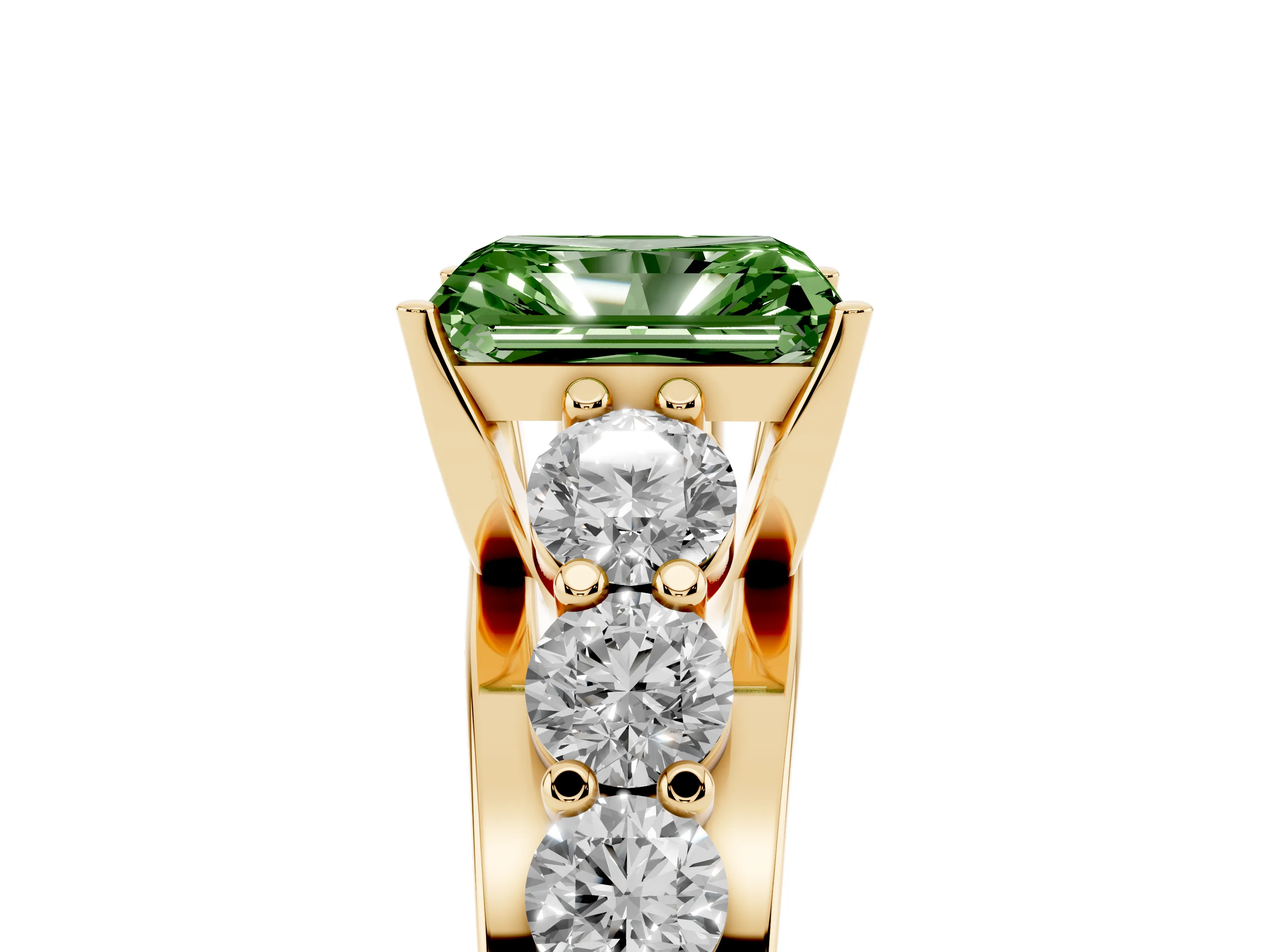 Fancy Green Radiant Cut Diamond Pavé Engagement Ring Set in Yellow gold with Prong Setting