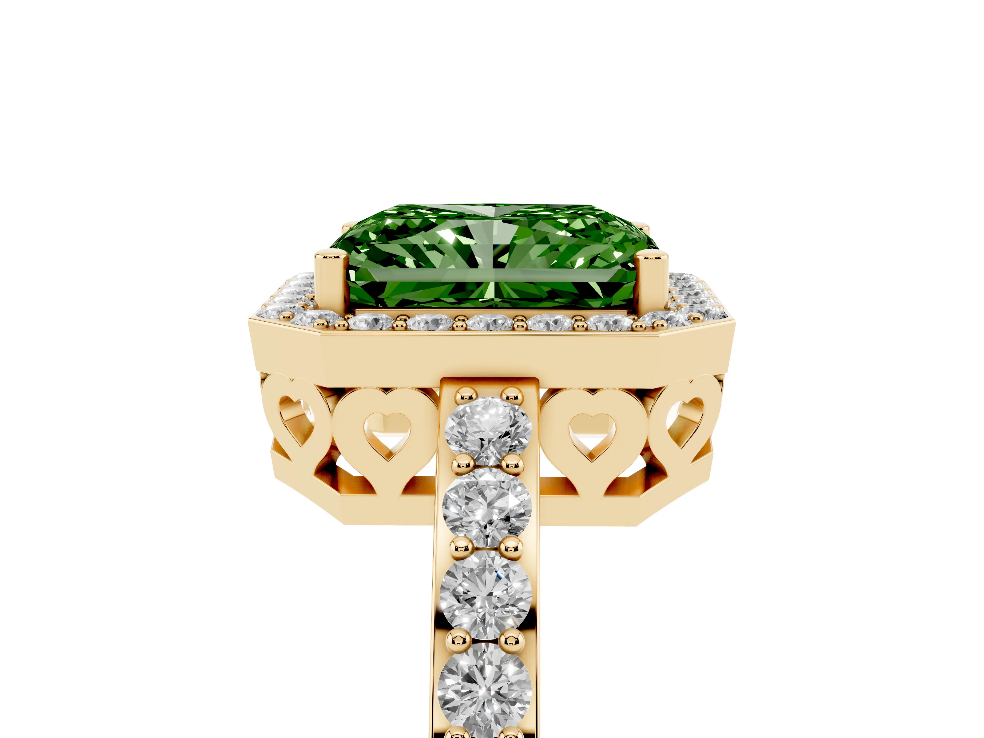 Fancy Green Radiant Cut Diamond Halo Ring Set in Yellow gold with Pavé-Setting Band and Open Prong Center