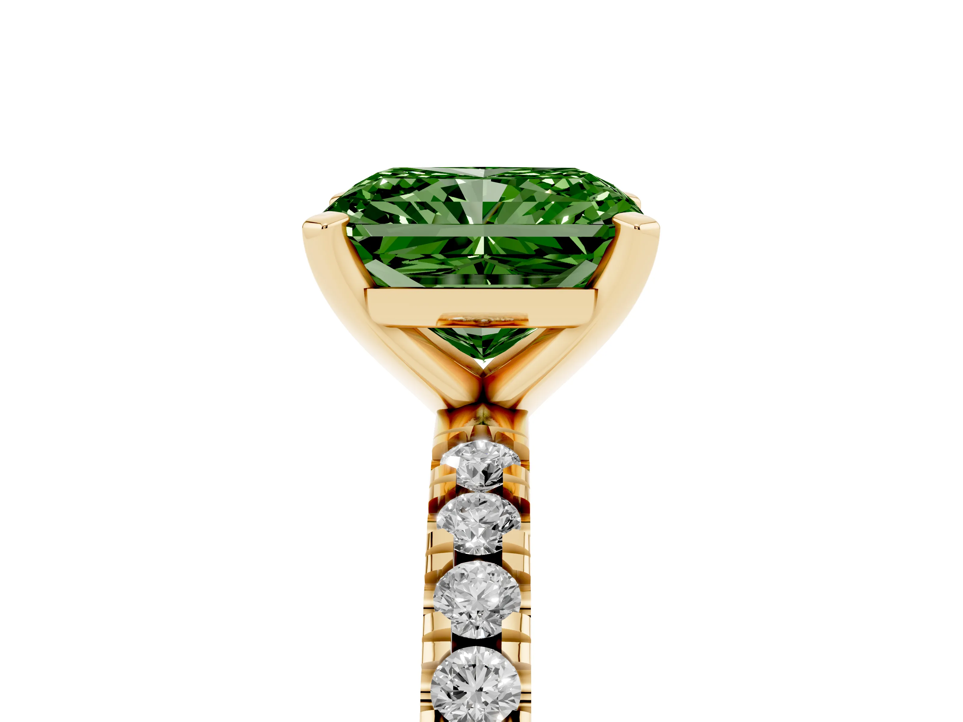 Fancy Green Radiant Cut Diamond Pavé Band Solitaire Set in Yellow gold with Prong Setting