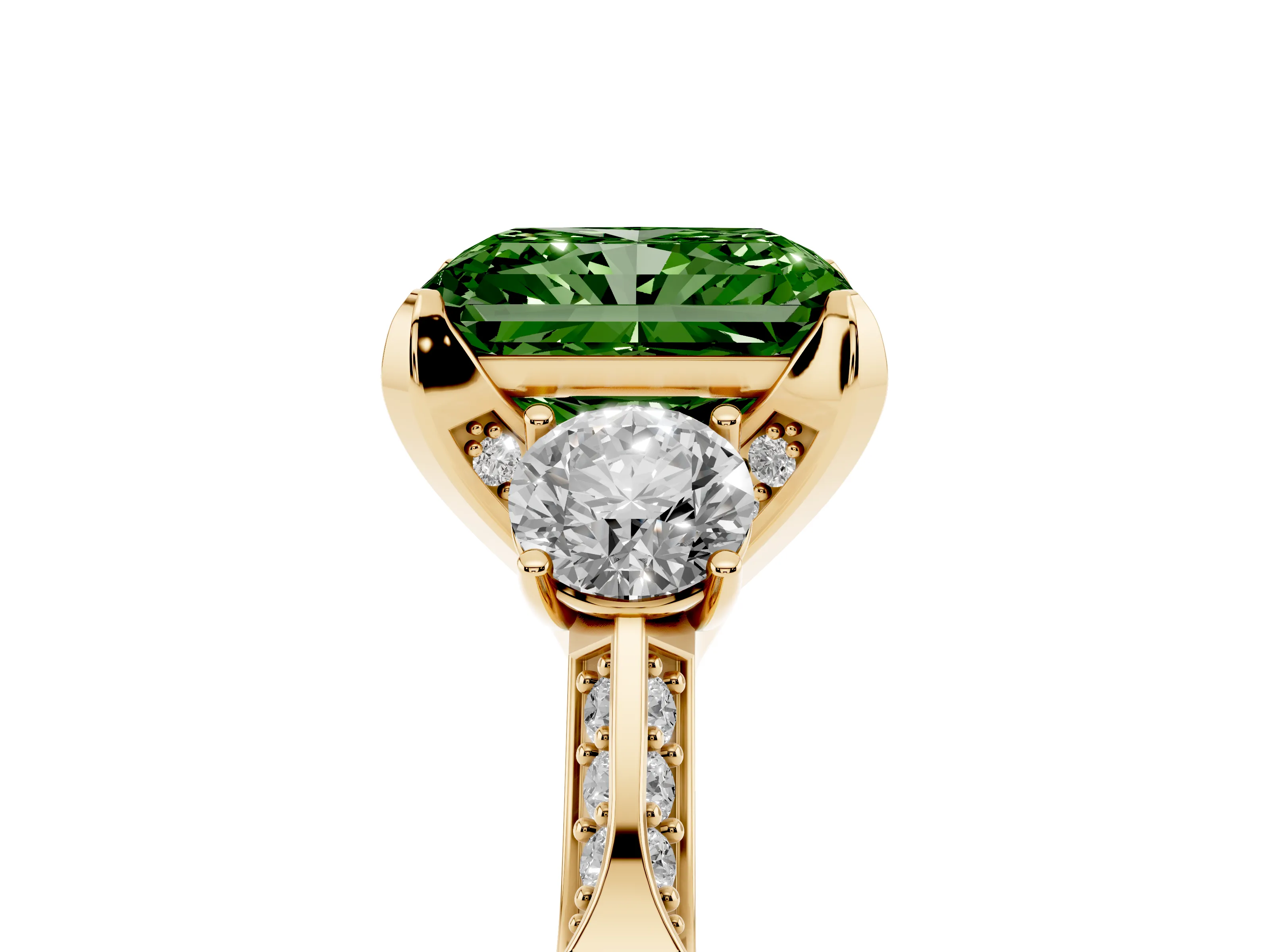Fancy Green Radiant Cut Diamond Three-Stone Ring Set in Yellow gold with Pavé Band and Smaller Side Stones