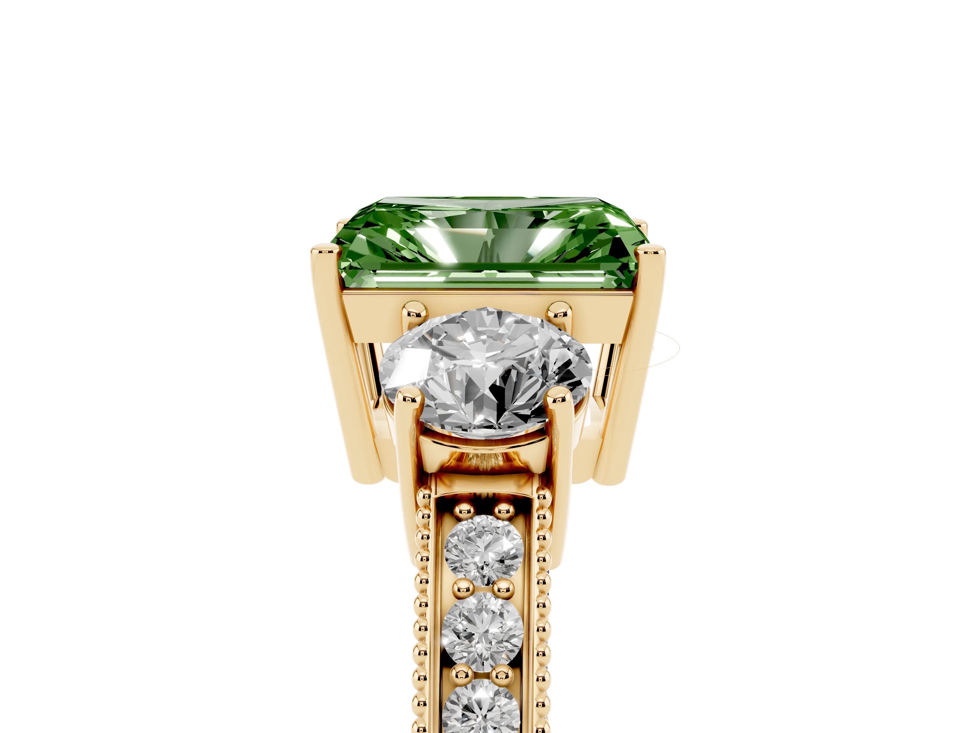 Fancy Green Radiant Cut Diamond Three-Stone Ring Set in Yellow gold with Round Side Stones and Pavé Band