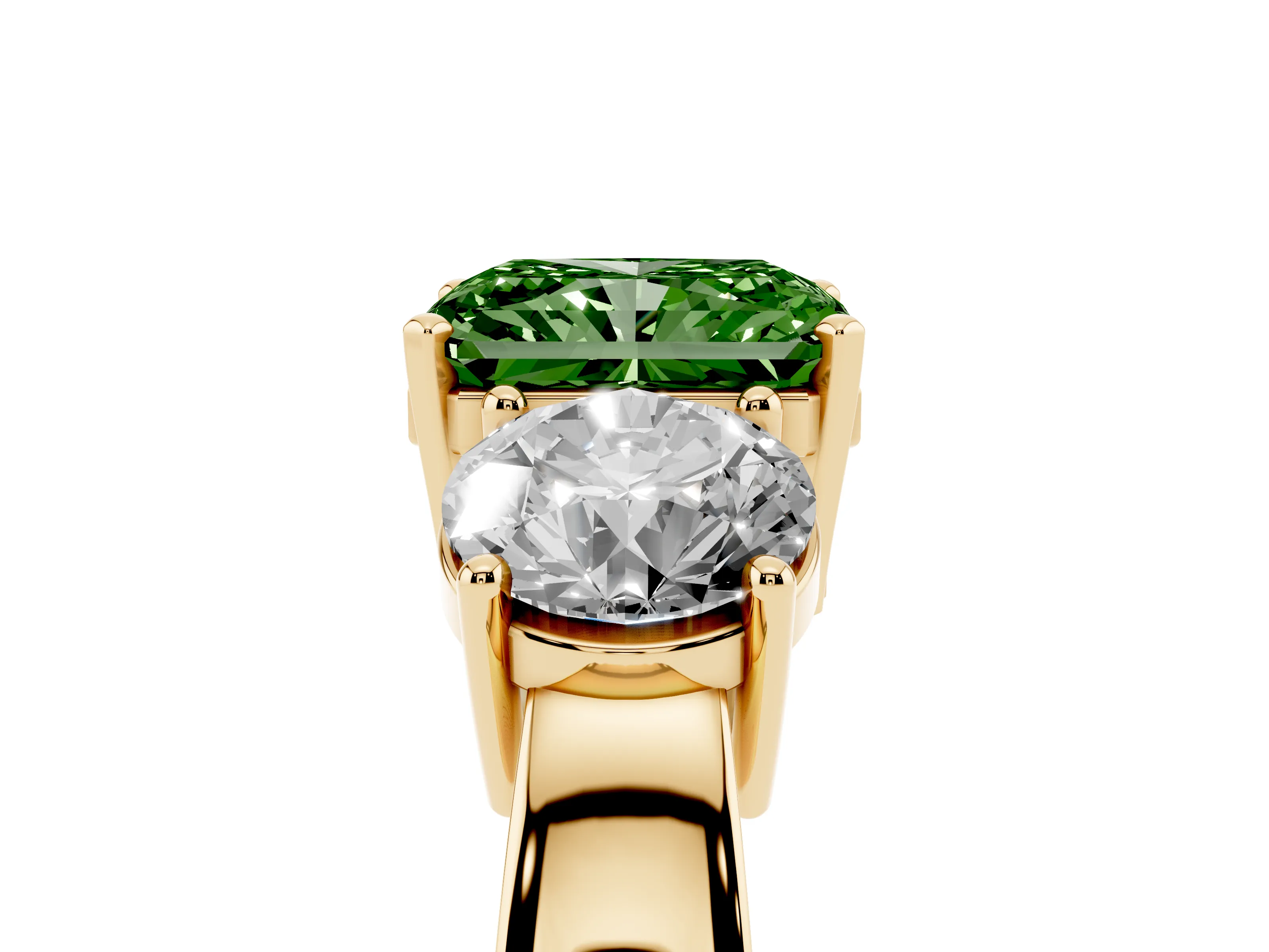 Fancy Green Radiant Cut Diamond Three-Stone Ring Set in Yellow gold with Round Side Stones and Classic Band