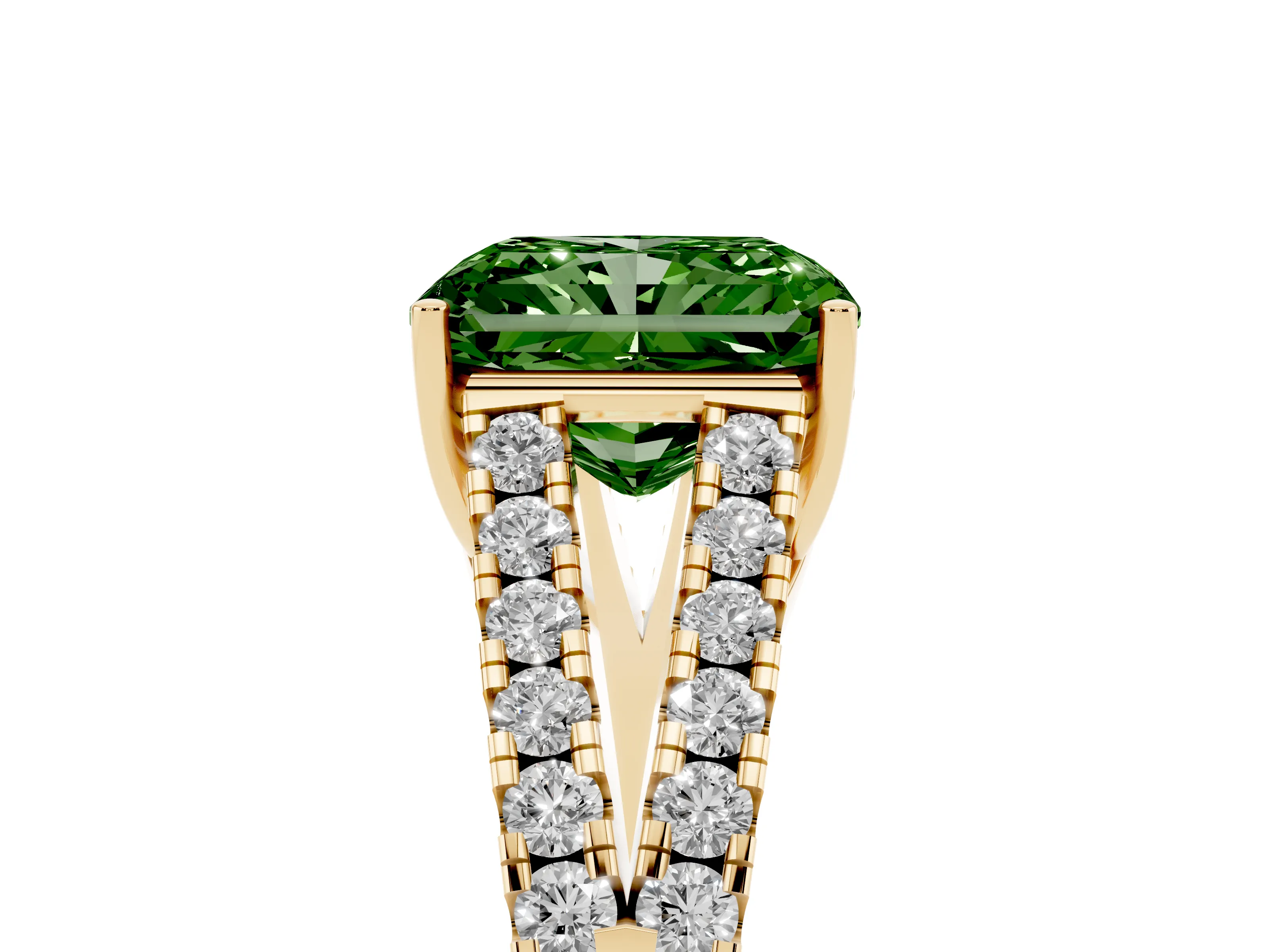 Fancy Green Radiant Cut Diamond Split Shank Pavé Engagement Ring Set in Yellow gold with Prong-Held Center Stone