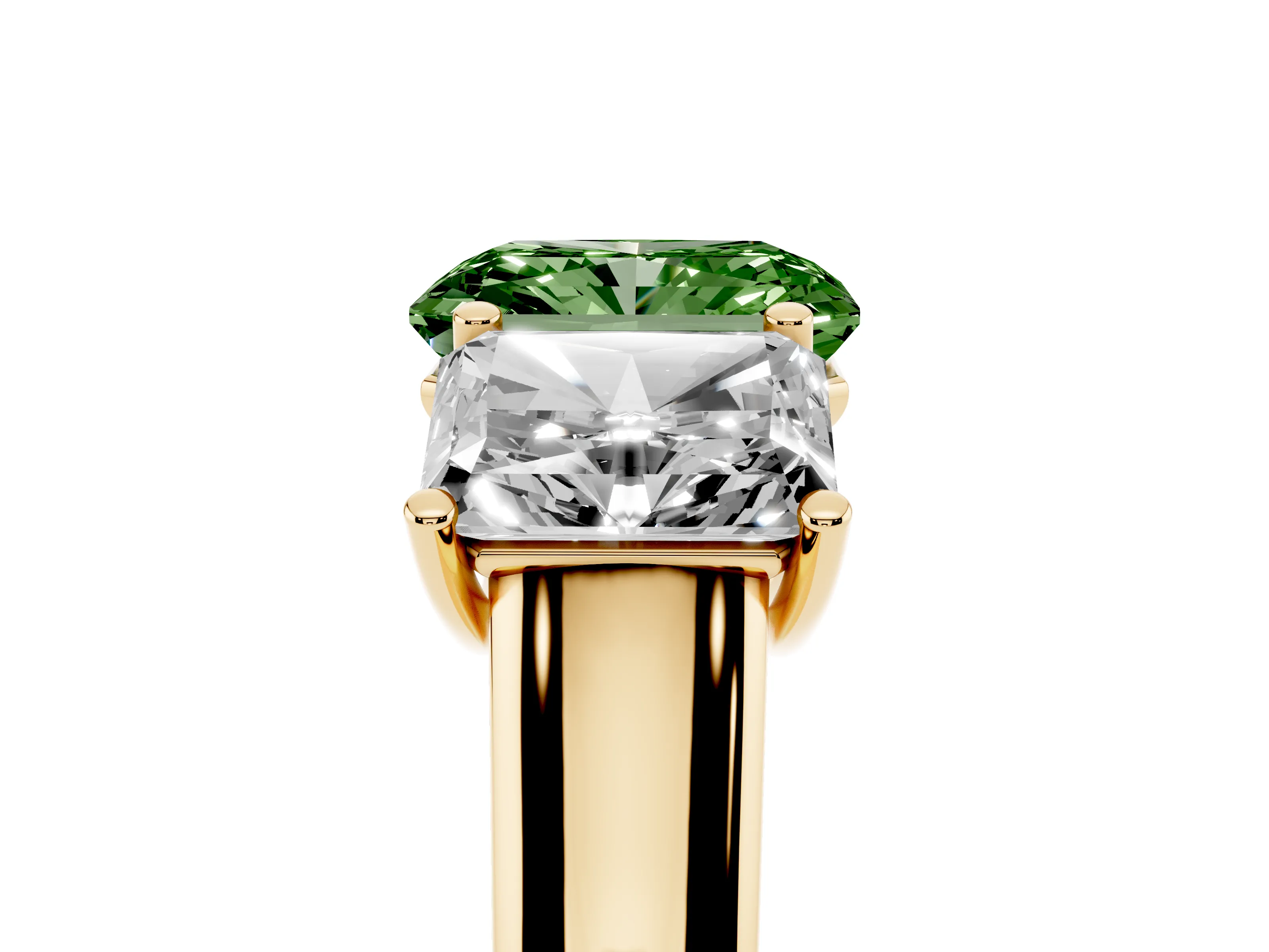 Fancy Green Radiant Cut Diamond Three-Stone Ring Set in Yellow gold with Plain Polished Band