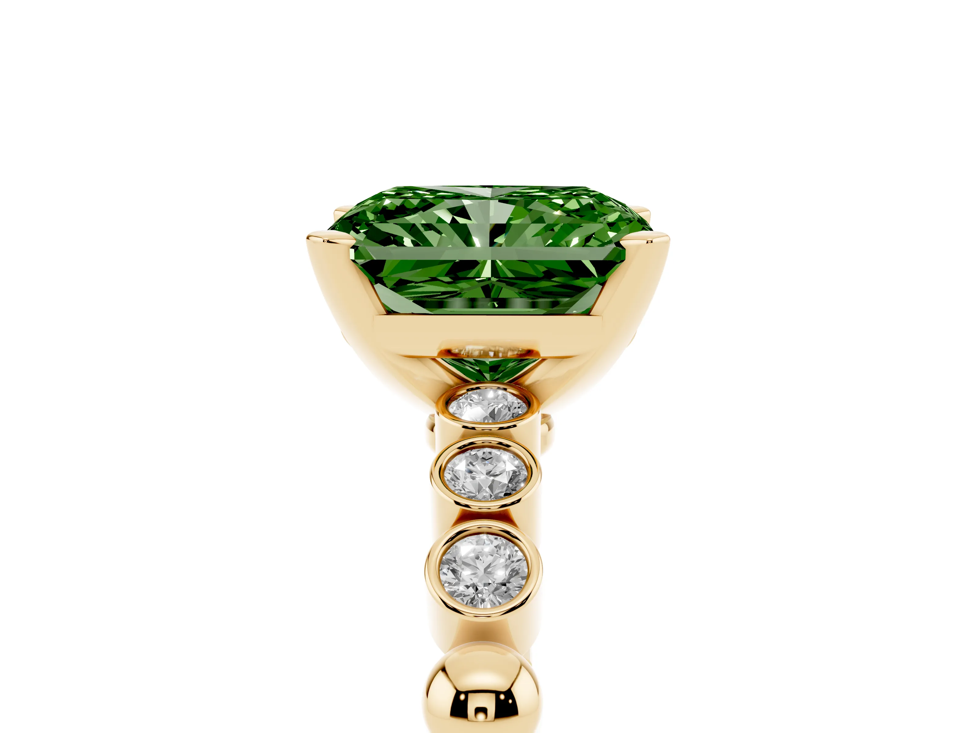 Fancy Green Radiant Cut Diamond Solitaire Engagement Ring Set in Yellow gold with Bezel Accents on Beaded Band