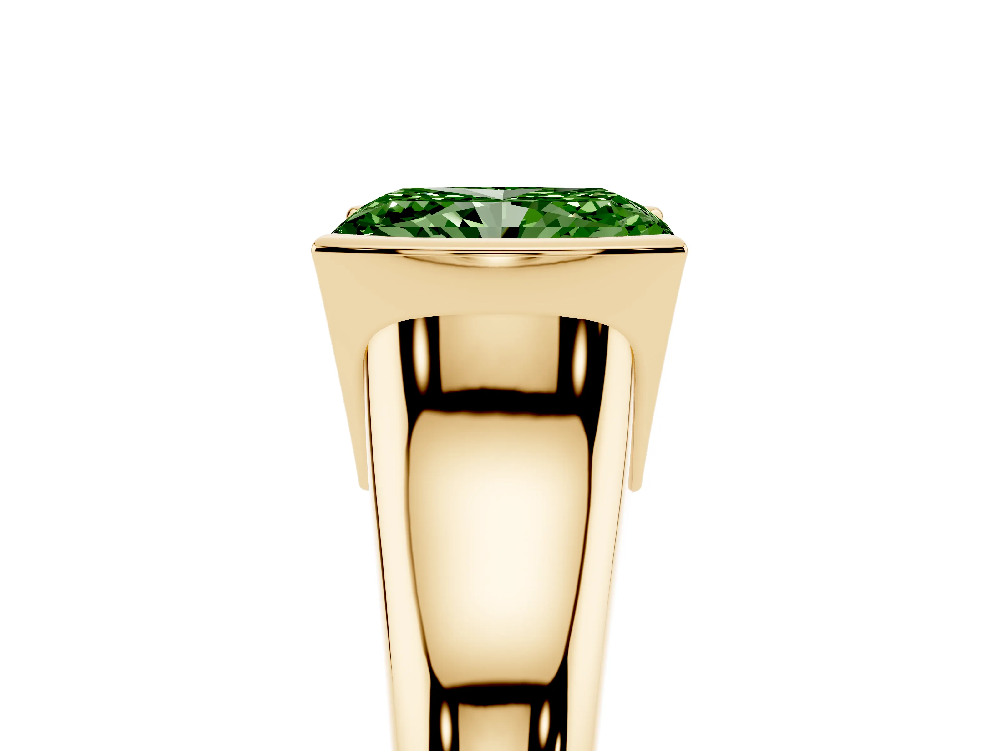 Fancy Green Radiant Cut Diamond Solitaire Tension Set Ring Set in Yellow gold with Split Shank Band
