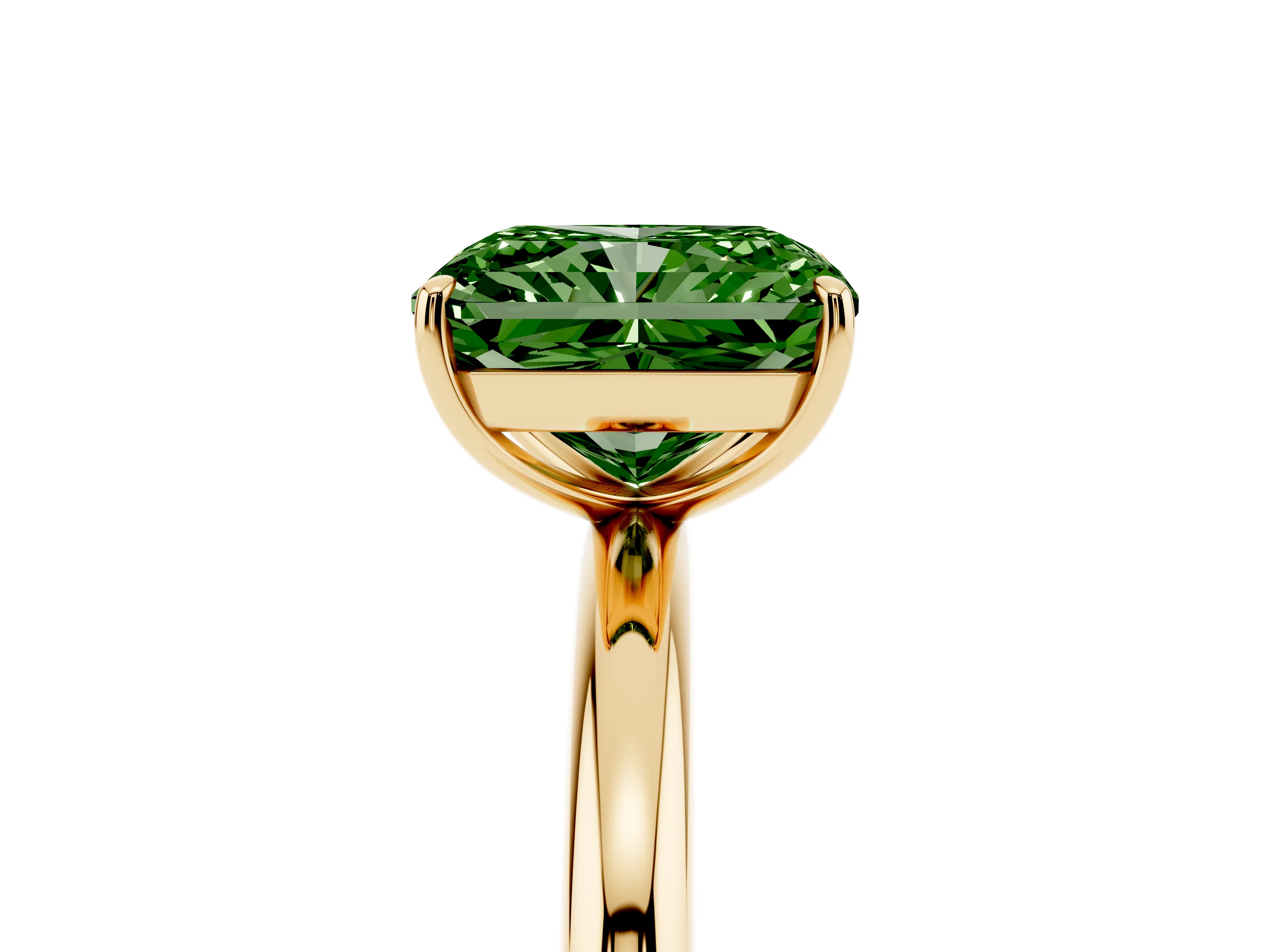 Fancy Green Radiant Cut Diamond Solitaire Ring Set in Yellow gold with Prong Setting on a Polished Plain Band
