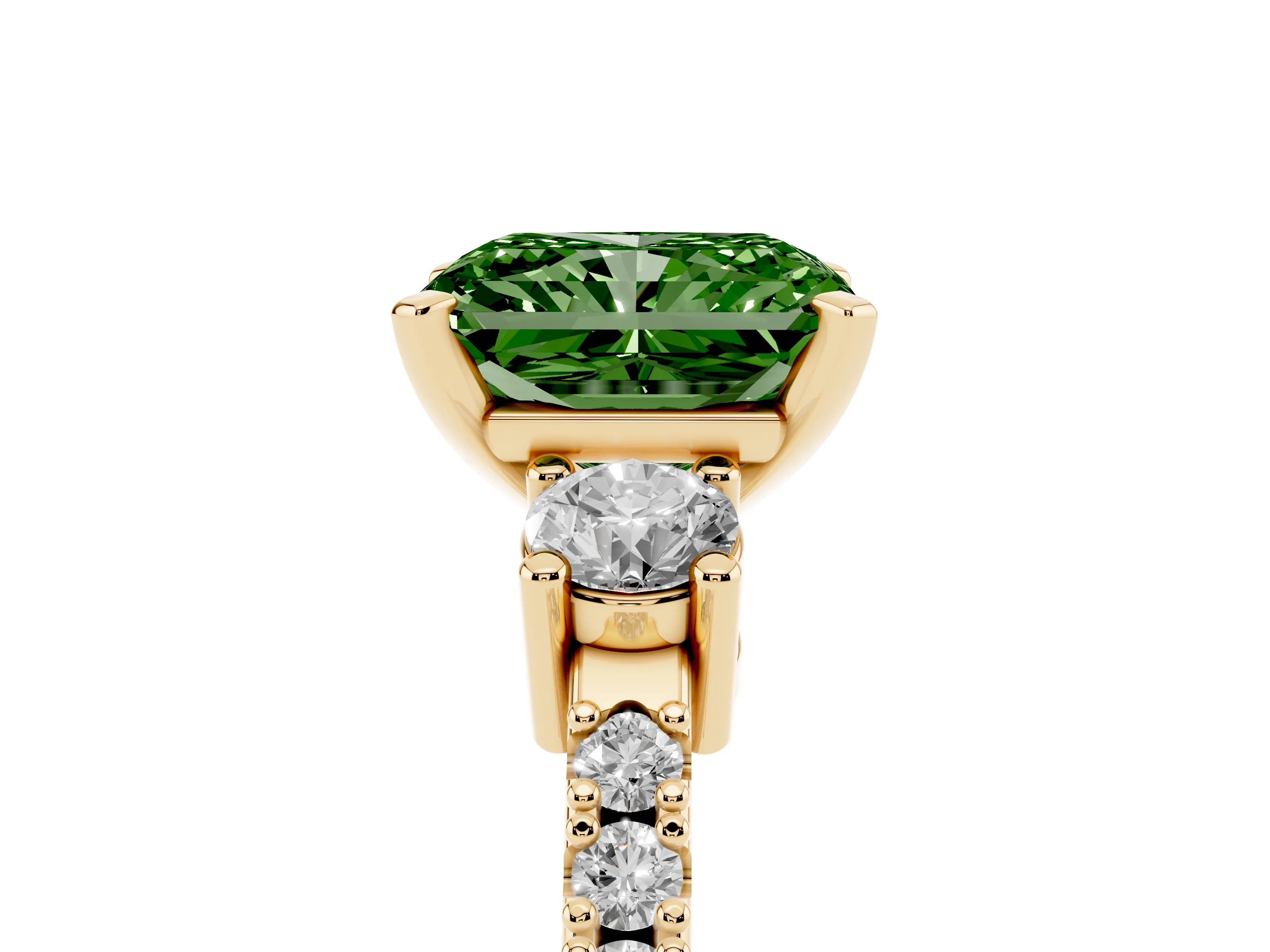 Fancy Green Three-Stone Radiant Cut Diamond Pavé Band Ring Set in Yellow gold with Prong Setting